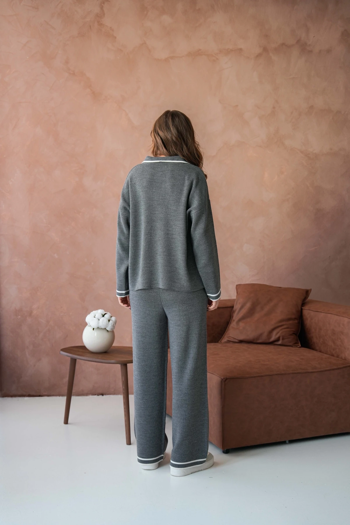 Kadın Polo Yaka Düşük Kol Kazak Pantolo İkili Triko Takım