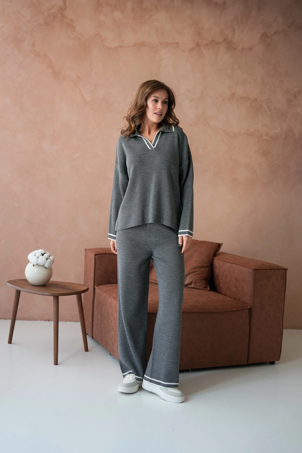 Kadın Polo Yaka Düşük Kol Kazak Pantolo İkili Triko Takım