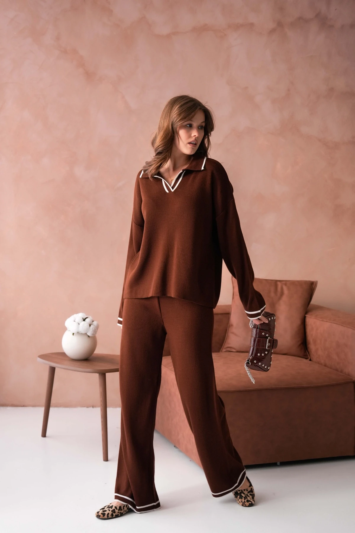 Kadın Polo Yaka Düşük Kol Kazak Pantolo İkili Triko Takım