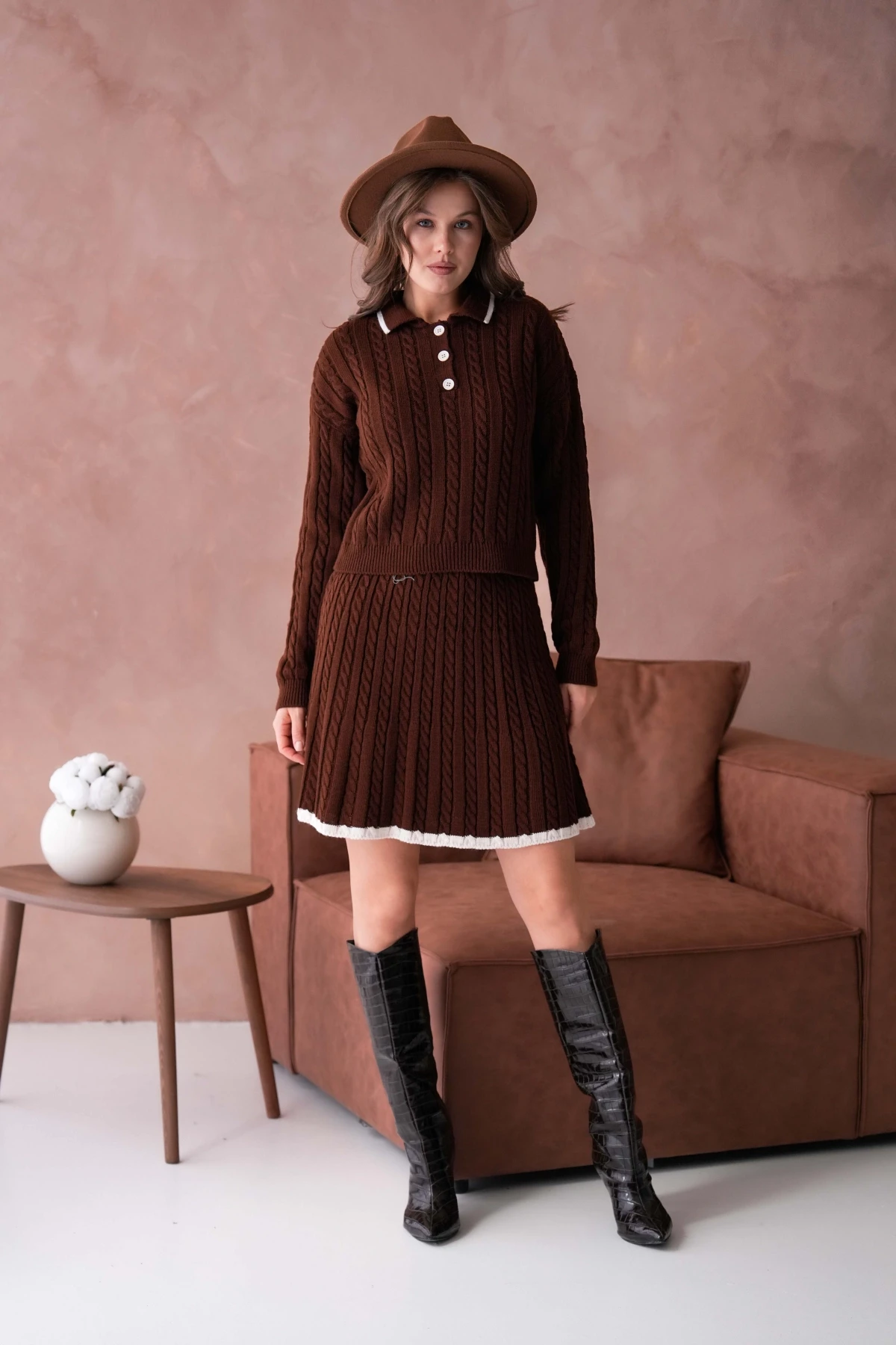 Kadın Polo Yaka Örgü Detay Etekli İkili Triko Takım