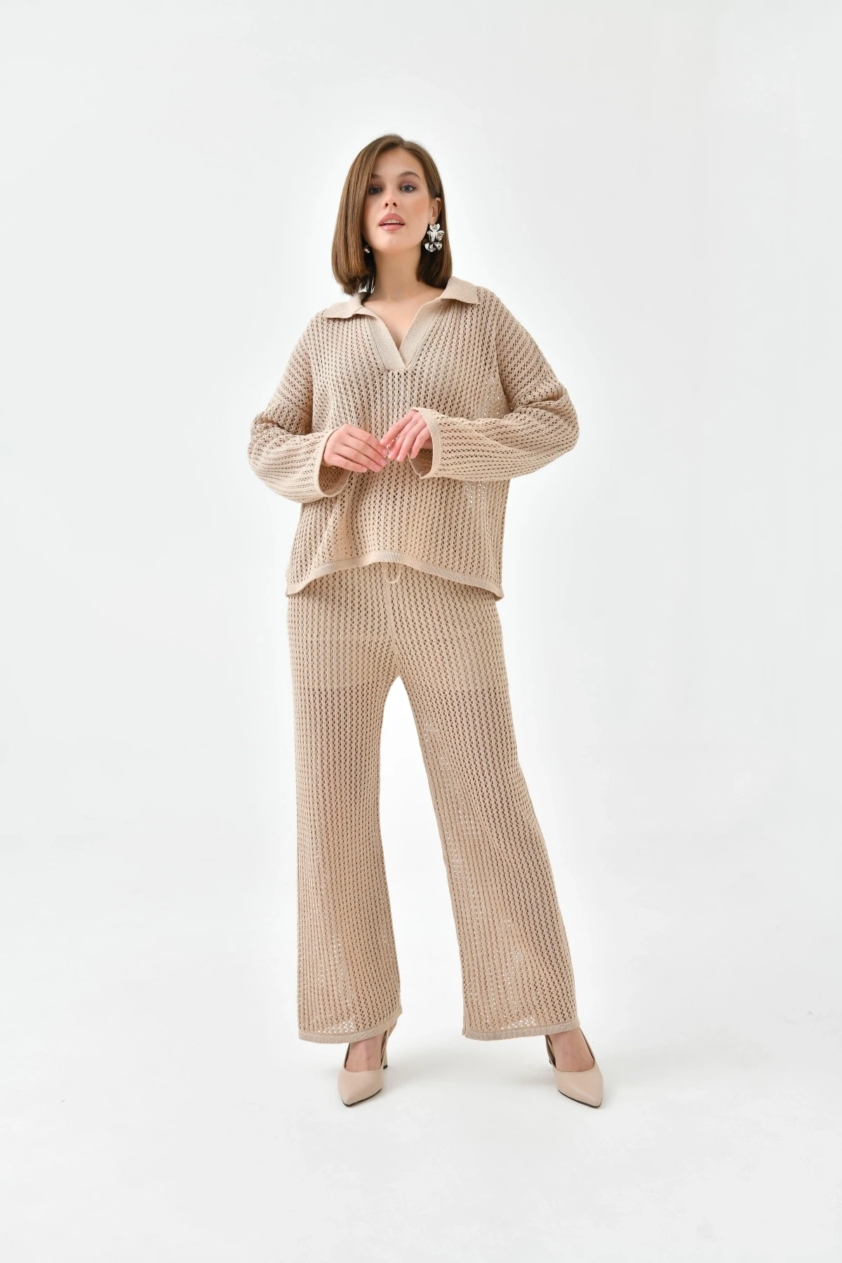 Kadın Polo Yaka Örgü Detay Kazak Astarlı Pantolon İkili Triko Takım