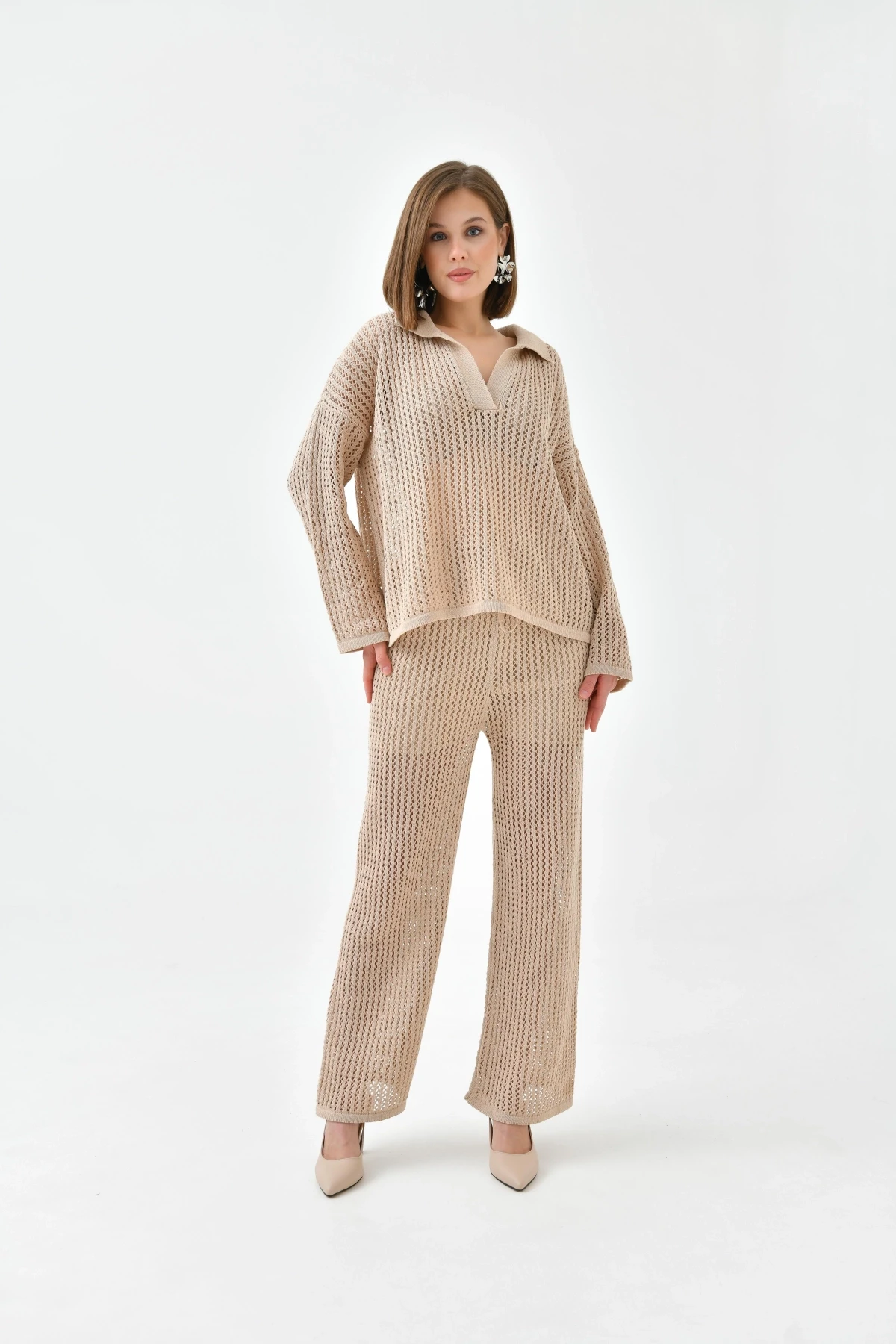 Kadın Polo Yaka Örgü Detay Kazak Astarlı Pantolon İkili Triko Takım