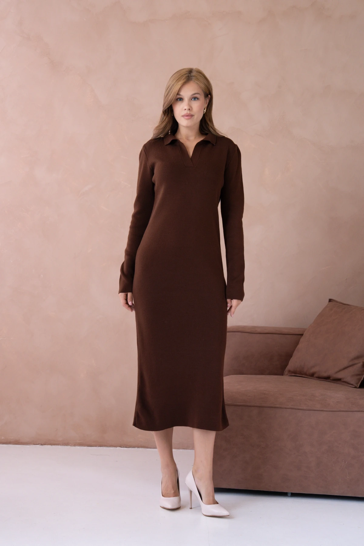 Kadın Polo Yaka Yamuşak Dokulu Maksi Boy Triko Elbise