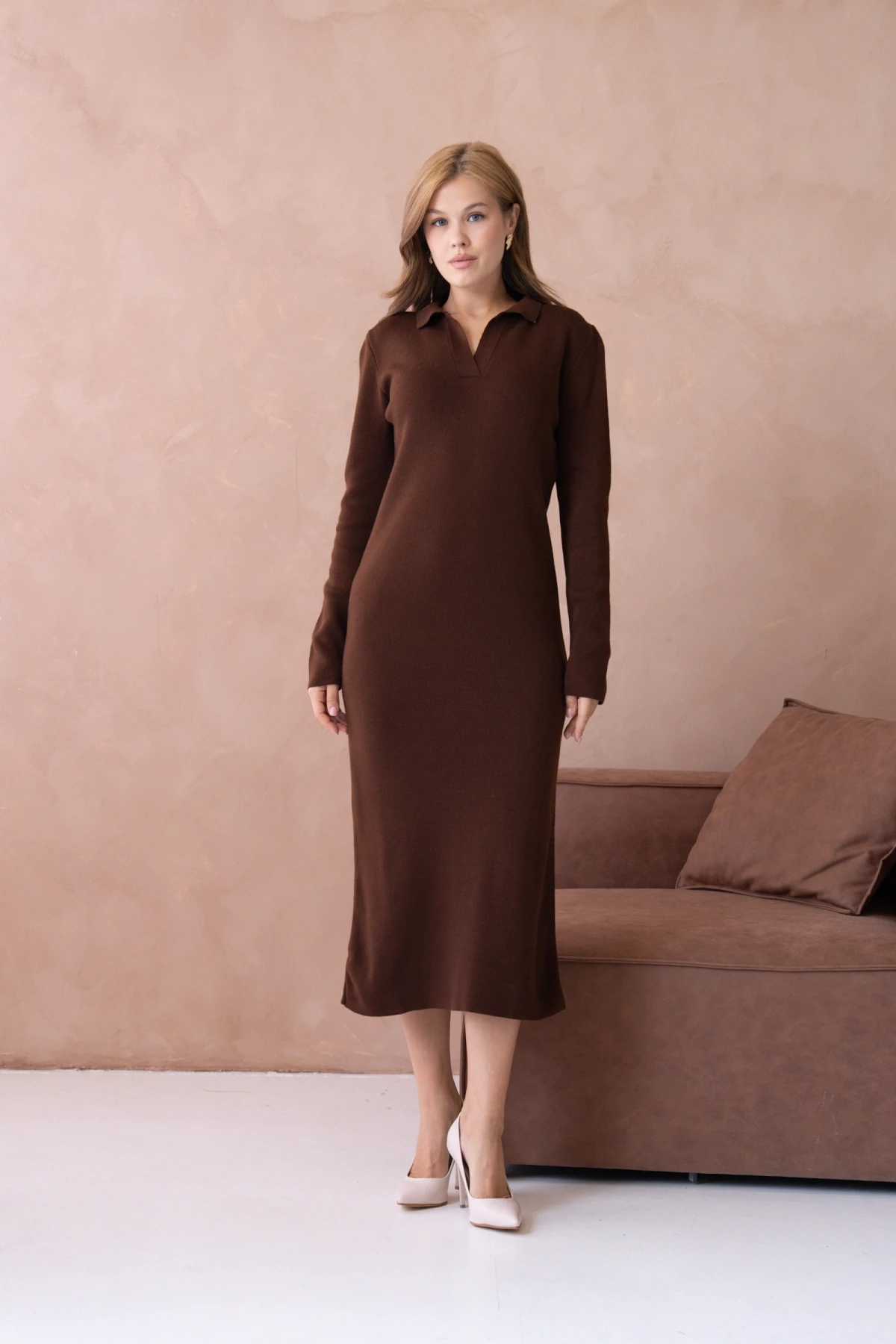 Kadın Polo Yaka Yamuşak Dokulu Maksi Boy Triko Elbise