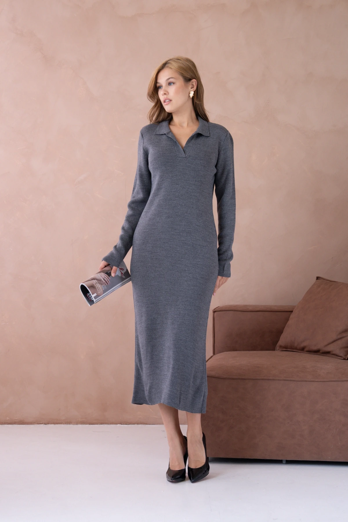 Kadın Polo Yaka Yamuşak Dokulu Maksi Boy Triko Elbise