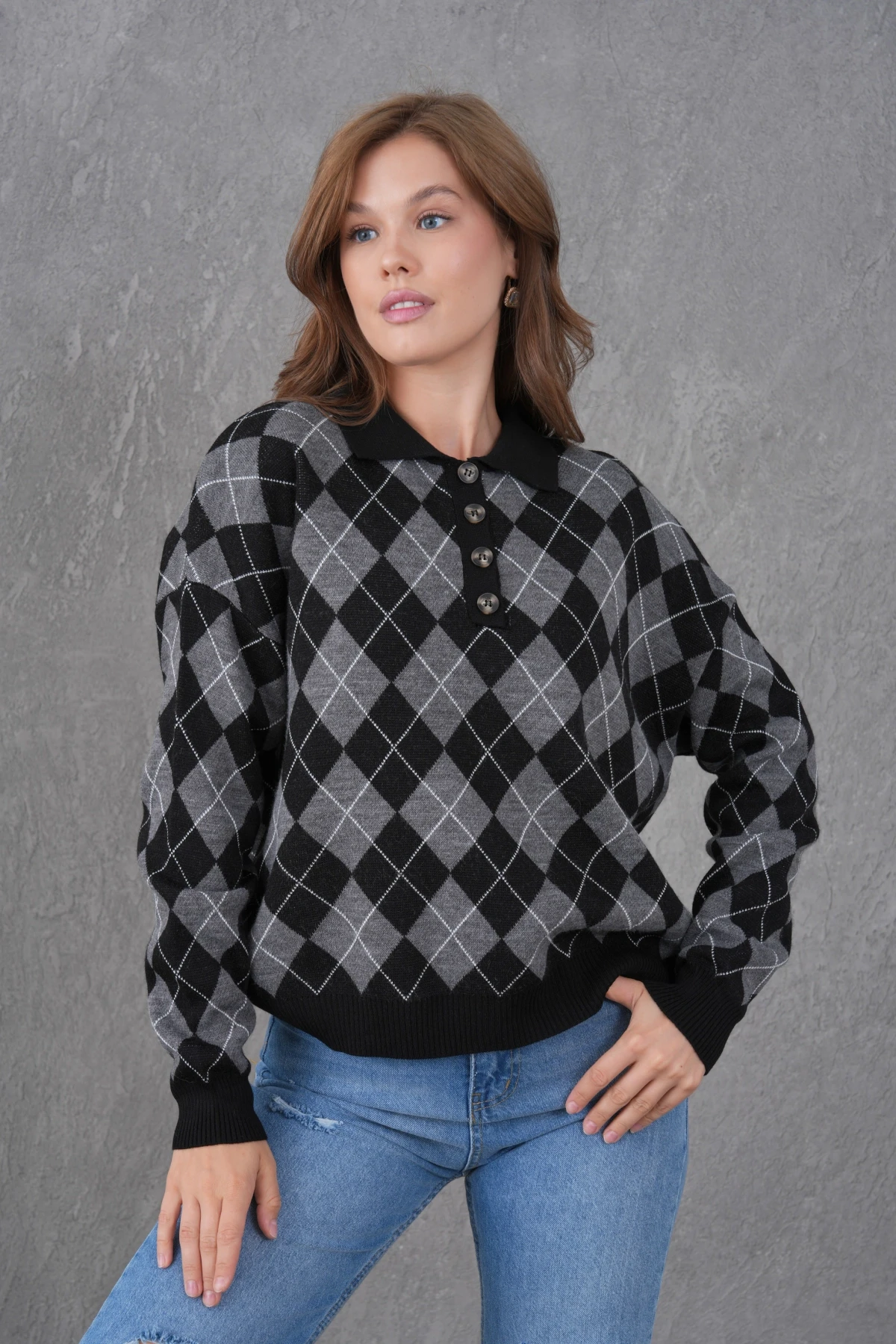 Kadın Polo Yaka Yarım Pat Düğme Detay Desenli Oversize Triko Kazak