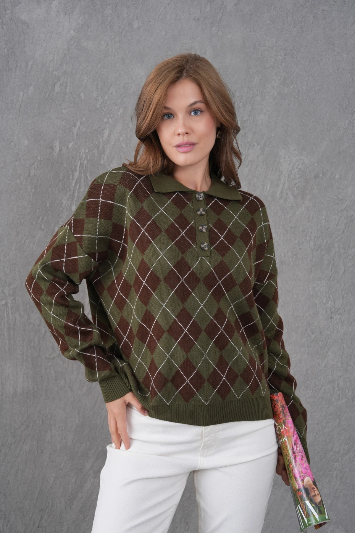 Kadın Polo Yaka Yarım Pat Düğme Detay Desenli Oversize Triko Kazak