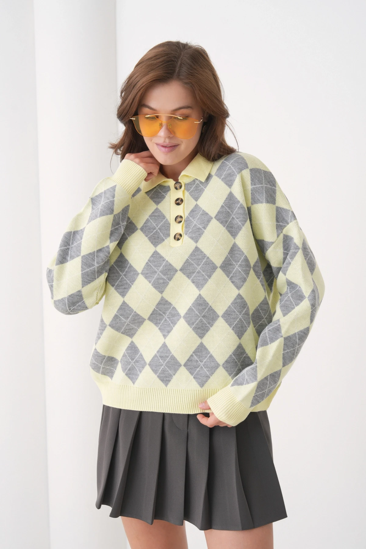 Kadın Polo Yaka Yarım Pat Düğme Detay Desenli Oversize Triko Kazak