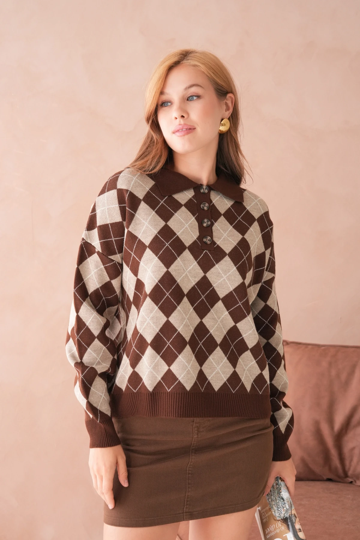 Kadın Polo Yaka Yarım Pat Düğme Detay Desenli Oversize Triko Kazak