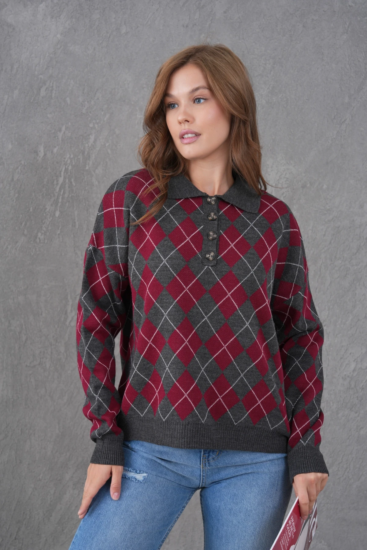 Kadın Polo Yaka Yarım Pat Düğme Detay Desenli Oversize Triko Kazak