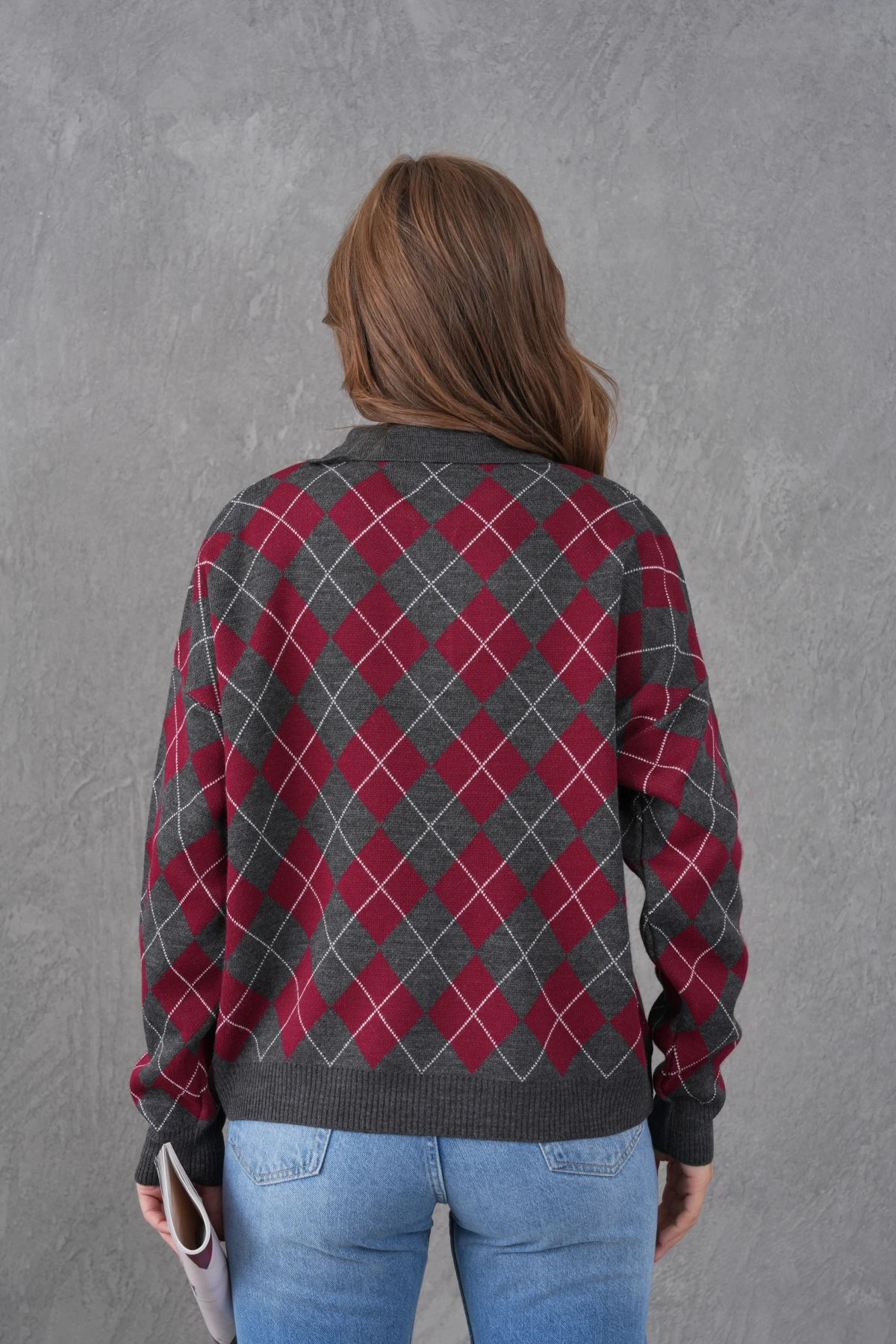 Kadın Polo Yaka Yarım Pat Düğme Detay Desenli Oversize Triko Kazak