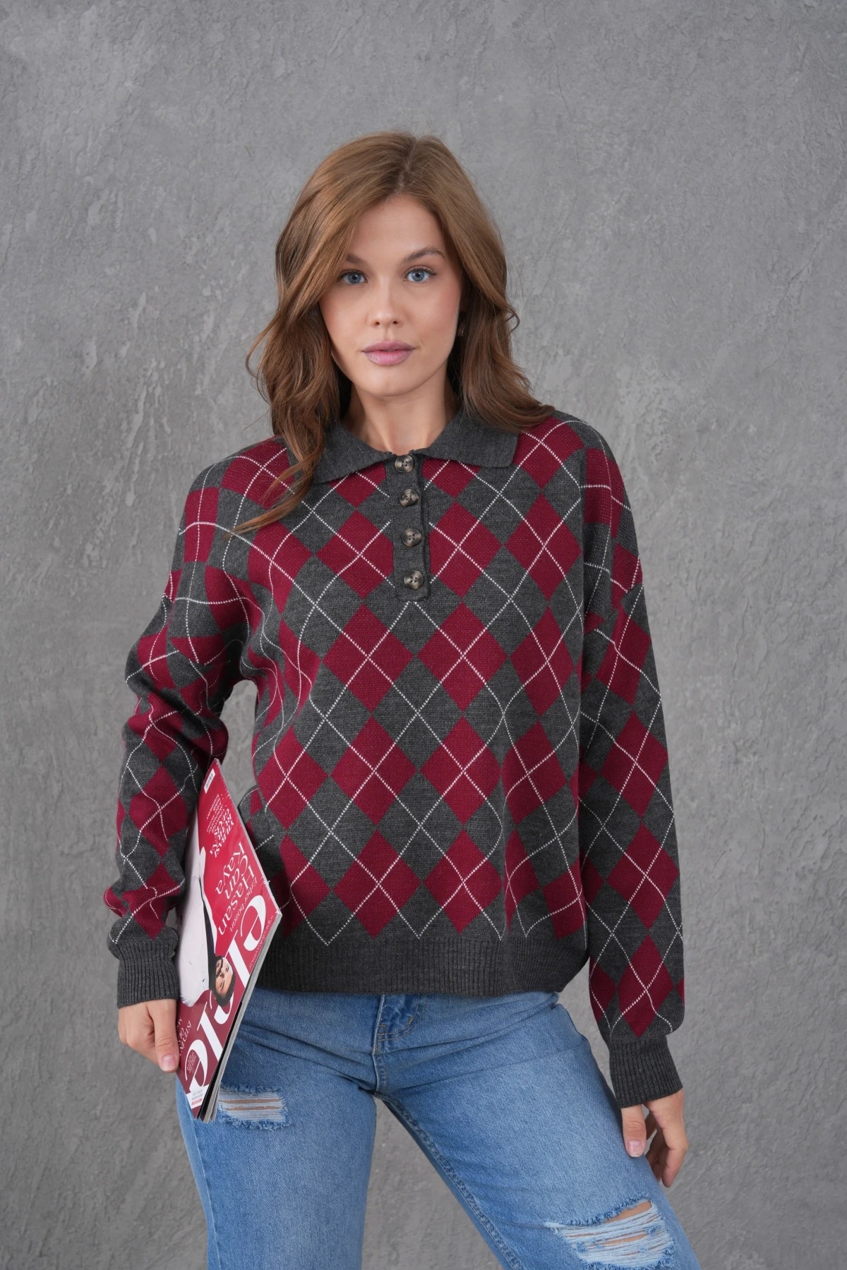 Kadın Polo Yaka Yarım Pat Düğme Detay Desenli Oversize Triko Kazak