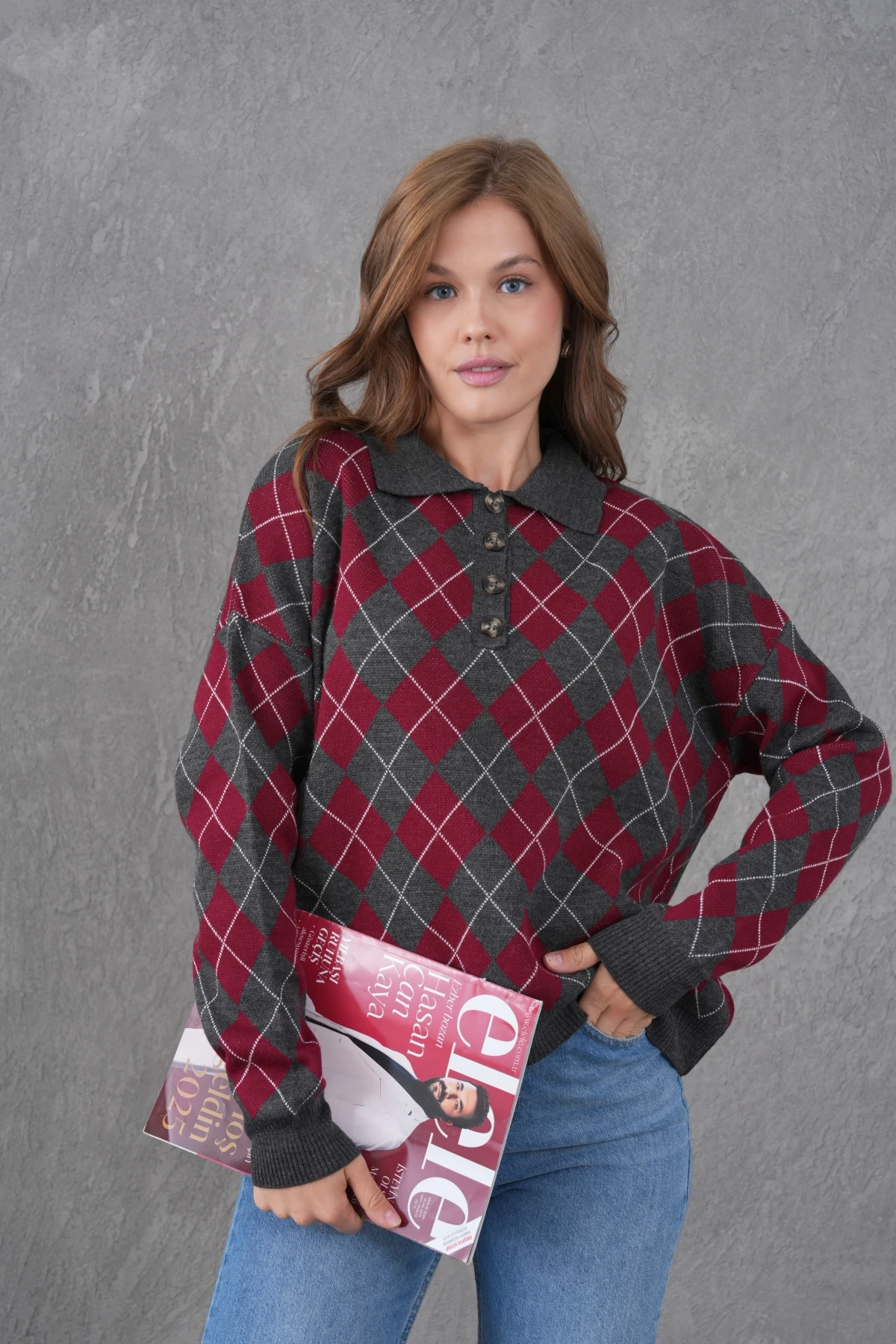 Kadın Polo Yaka Yarım Pat Düğme Detay Desenli Oversize Triko Kazak