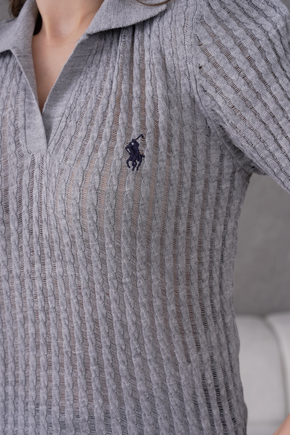 Kadın Polo Yaka Yarım Pat Düğme Kapama Ajurlu Kısa Kol Triko Kazak 10645