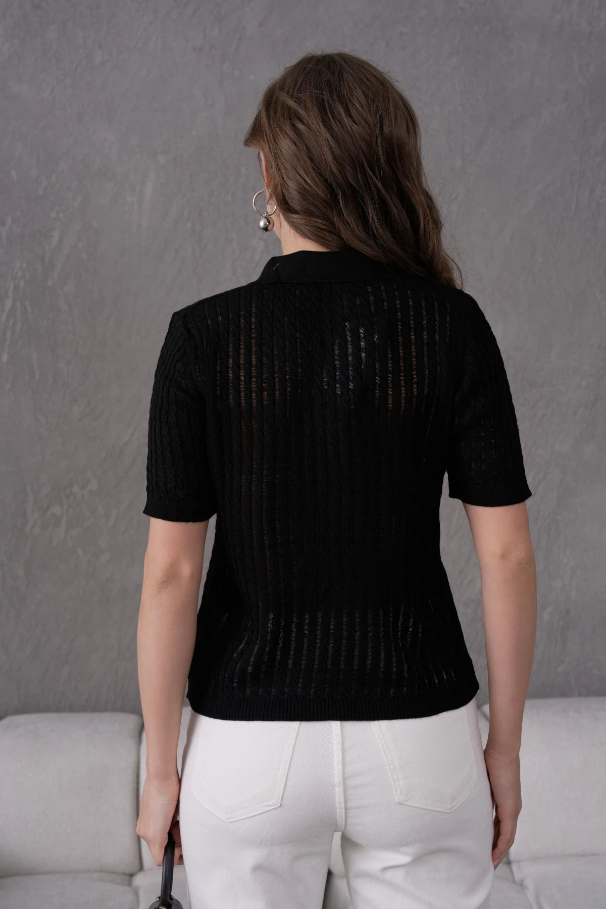 Kadın Polo Yaka Yarım Pat Düğme Kapama Ajurlu Kısa Kol Triko Kazak 10645