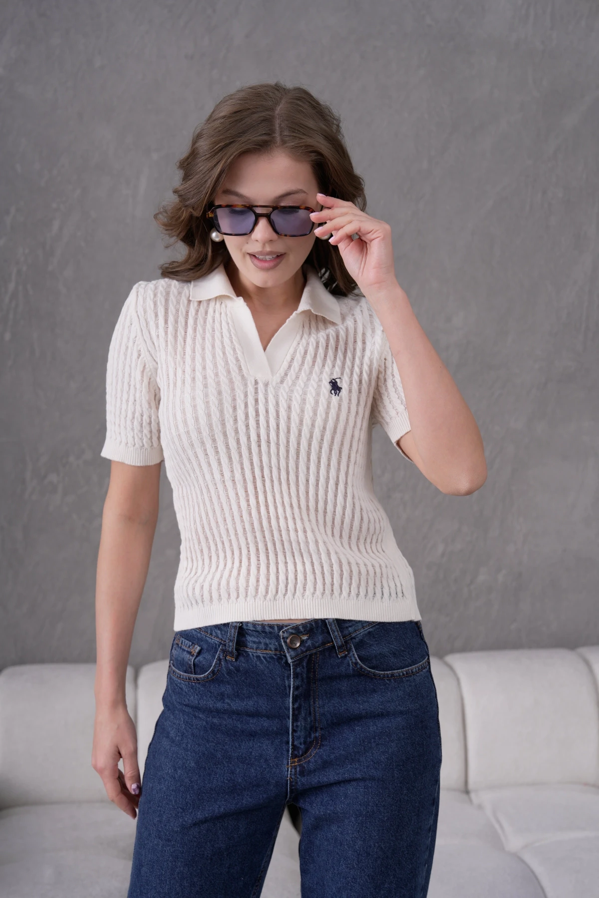 Kadın Polo Yaka Yarım Pat Düğme Kapama Ajurlu Kısa Kol Triko Kazak 10645