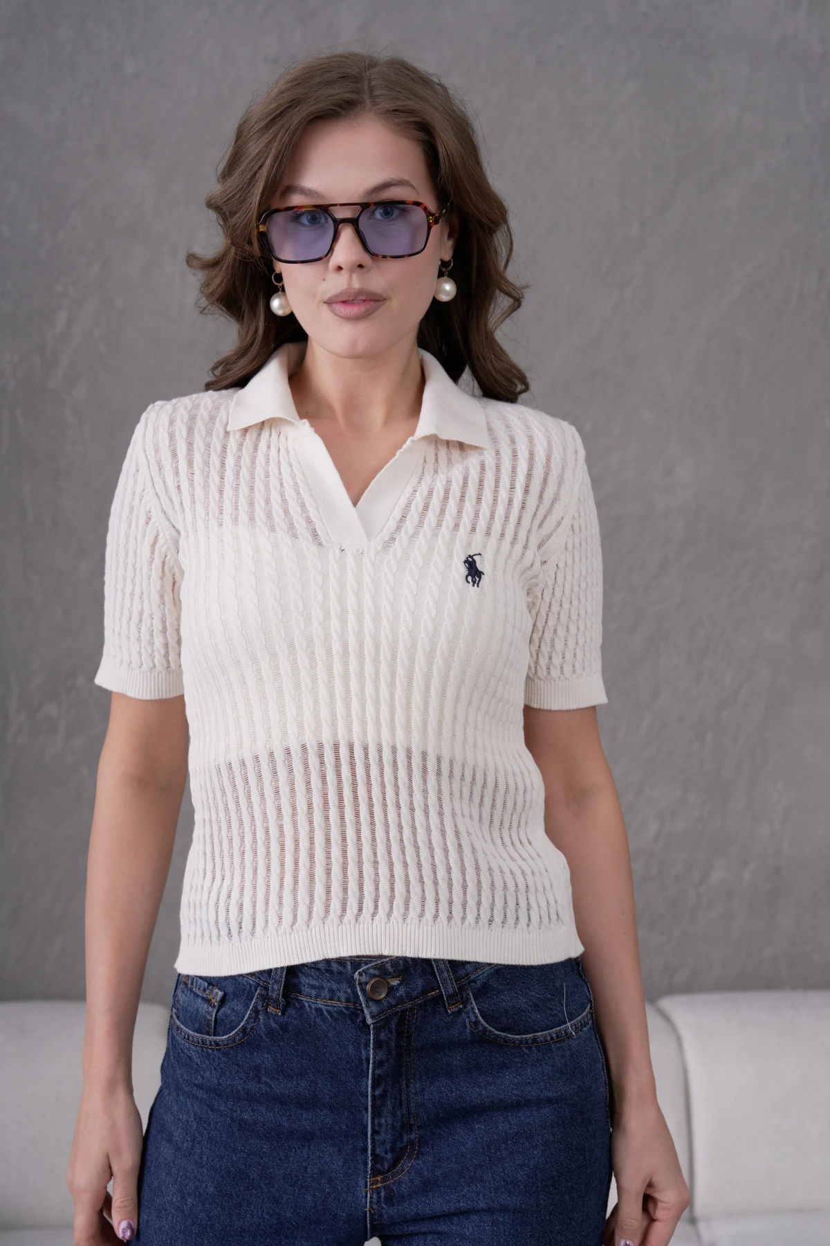 Kadın Polo Yaka Yarım Pat Düğme Kapama Ajurlu Kısa Kol Triko Kazak 10645