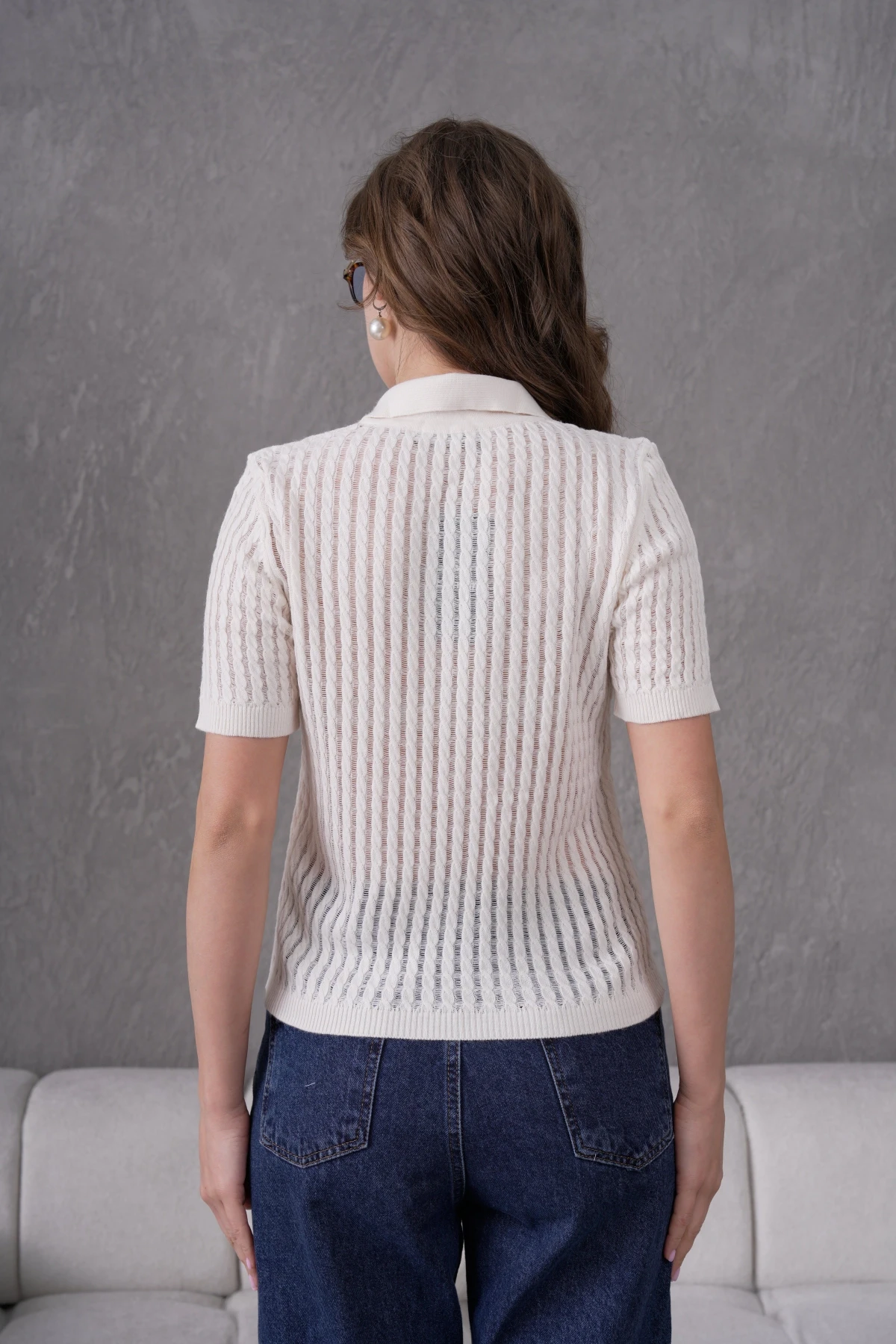 Kadın Polo Yaka Yarım Pat Düğme Kapama Ajurlu Kısa Kol Triko Kazak 10645