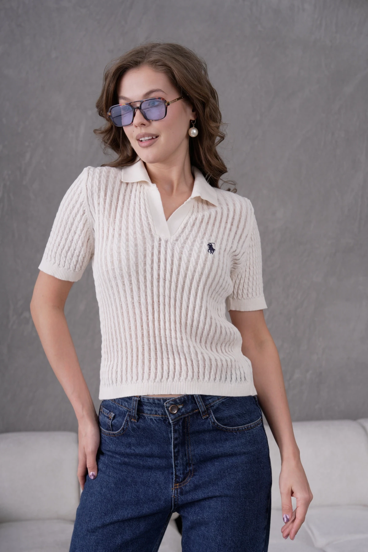 Kadın Polo Yaka Yarım Pat Düğme Kapama Ajurlu Kısa Kol Triko Kazak 10645