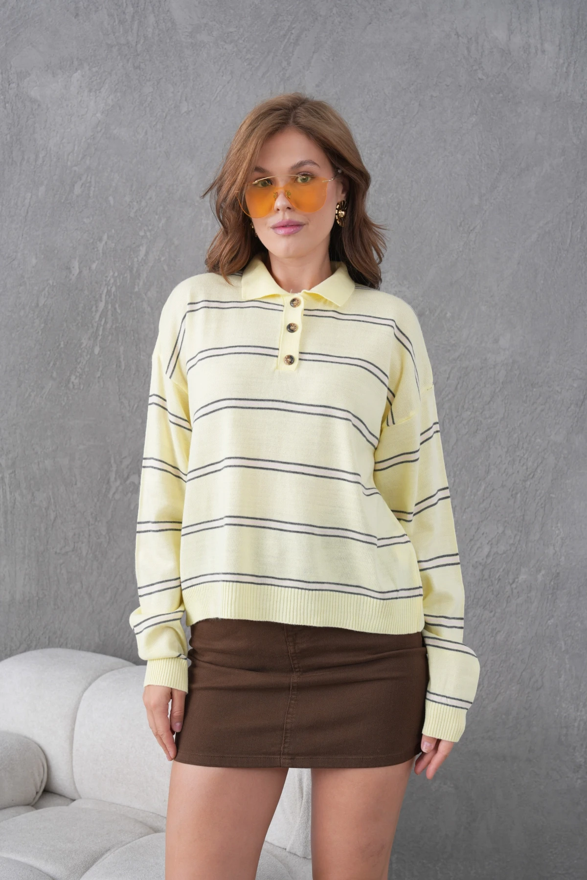 Kadın Polo Yaka Yarım Pat Düğme Kapama Çizgili Triko Kazak