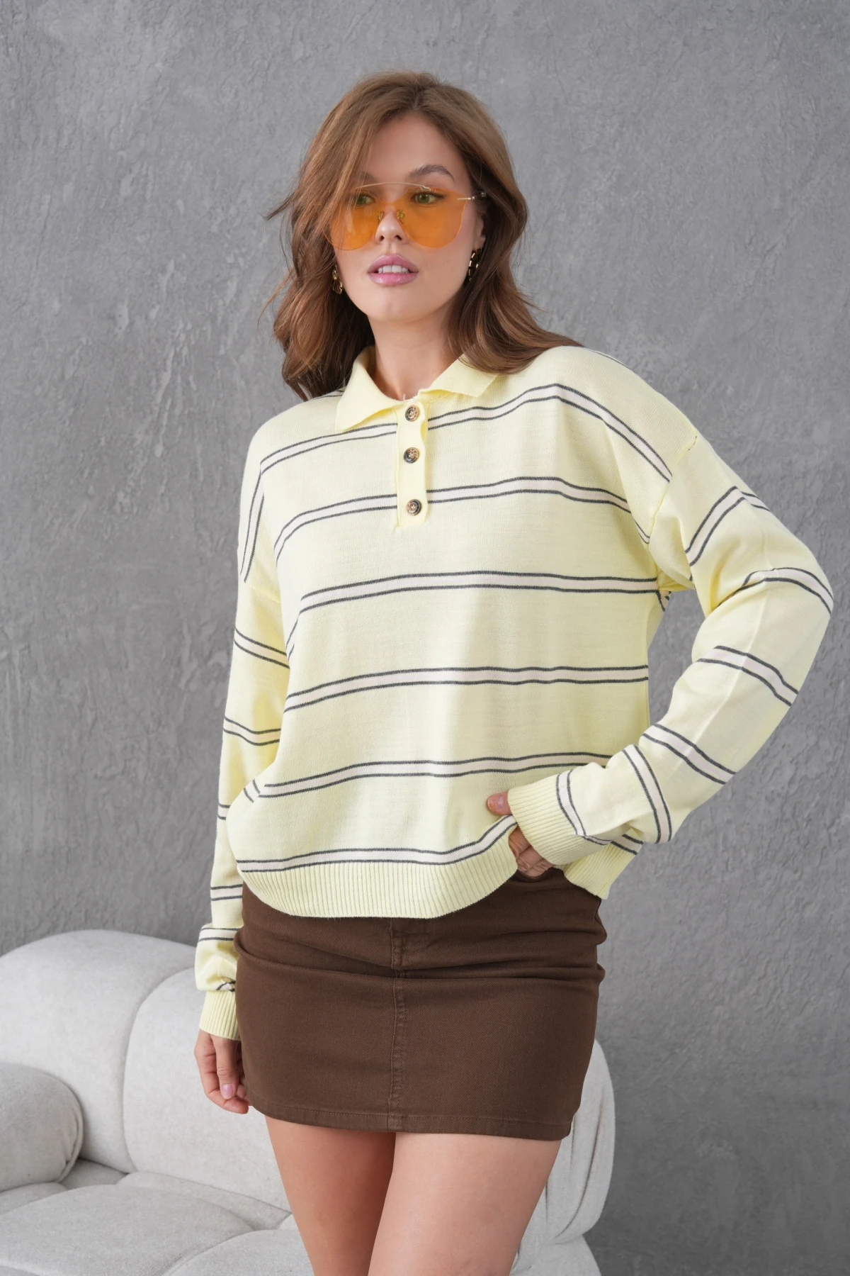 Kadın Polo Yaka Yarım Pat Düğme Kapama Çizgili Triko Kazak