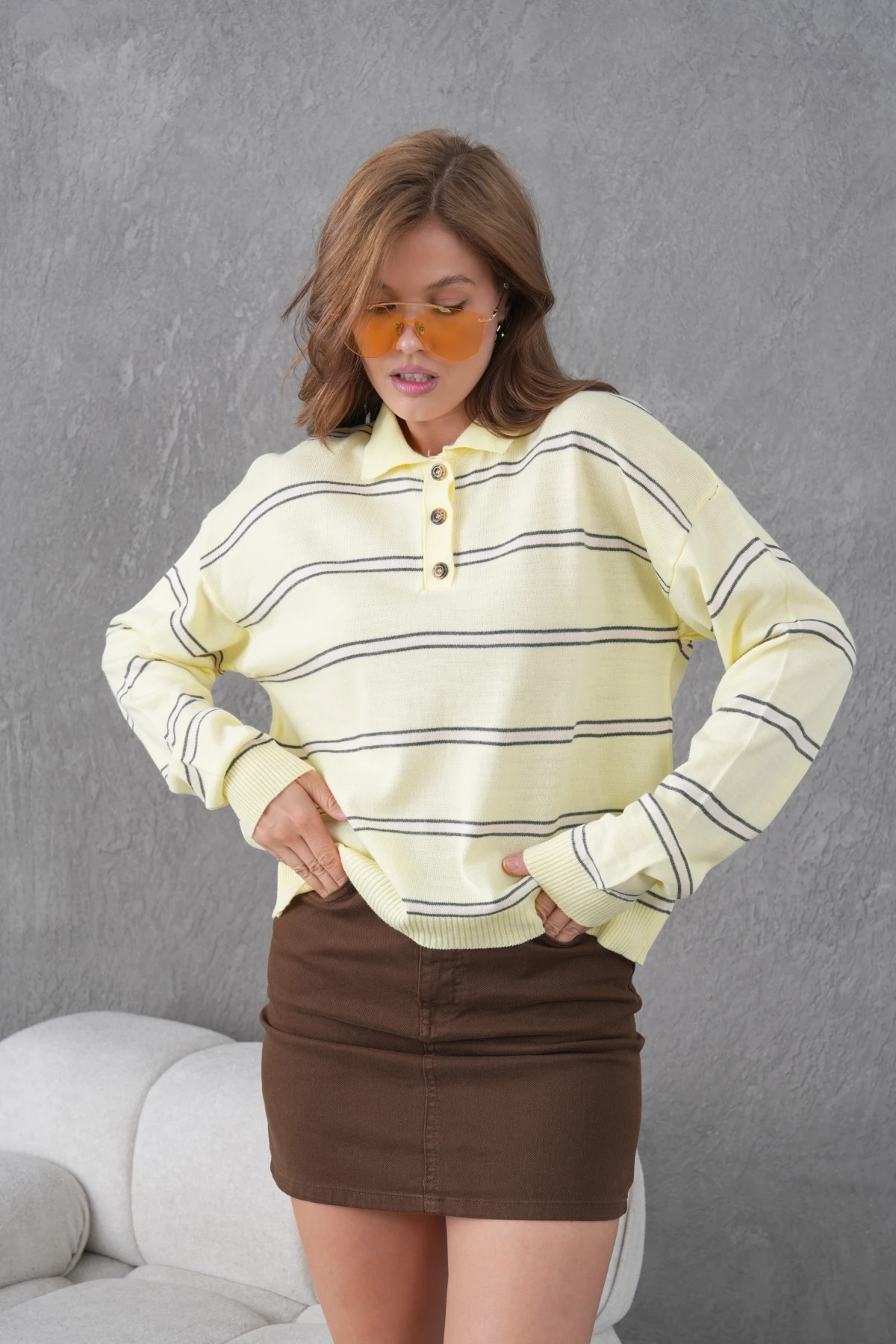Kadın Polo Yaka Yarım Pat Düğme Kapama Çizgili Triko Kazak