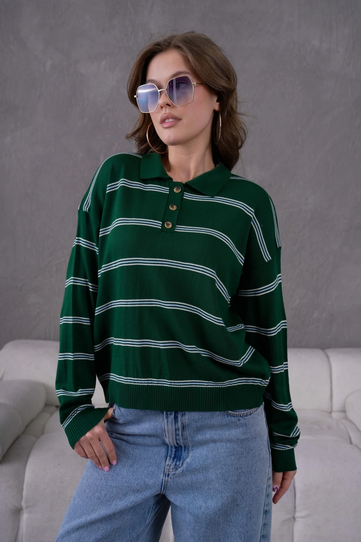 Kadın Polo Yaka Yarım Pat Düğme Kapama Çizgili Triko Kazak