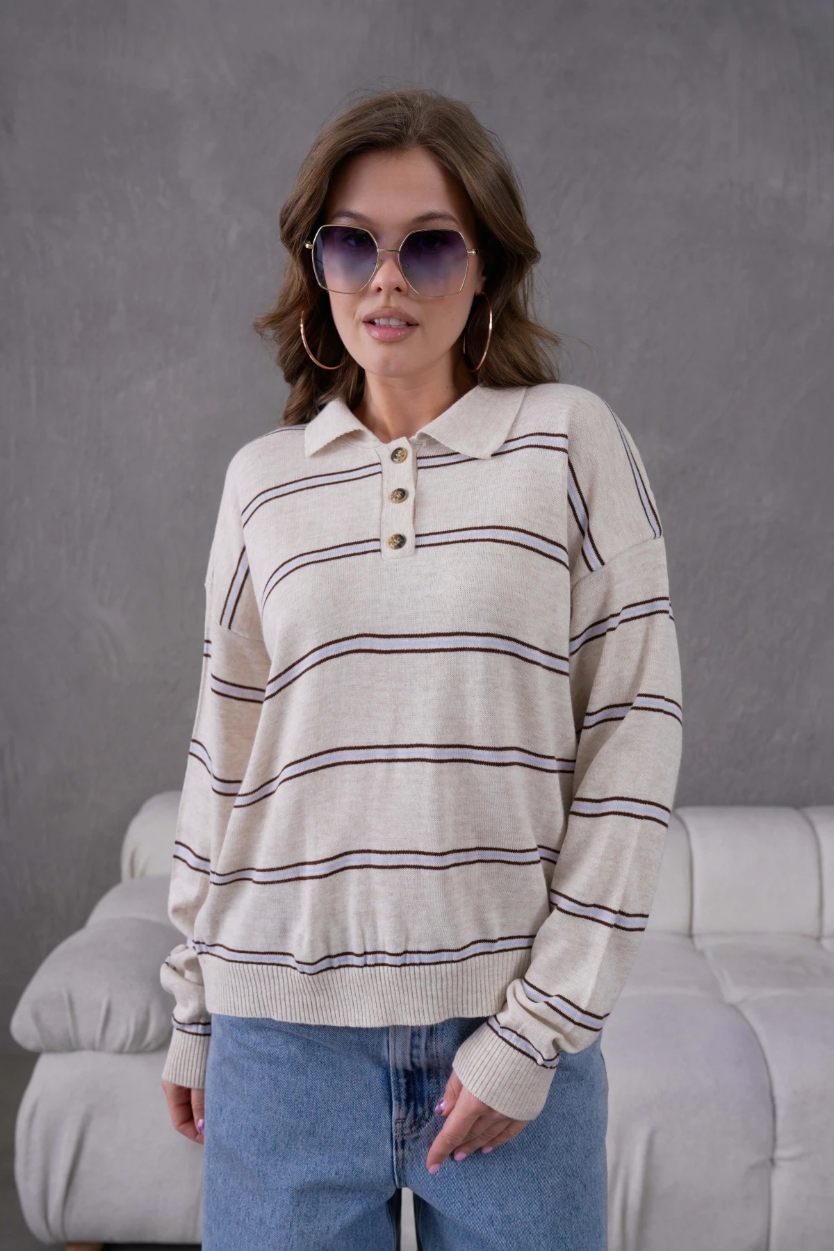 Kadın Polo Yaka Yarım Pat Düğme Kapama Çizgili Triko Kazak