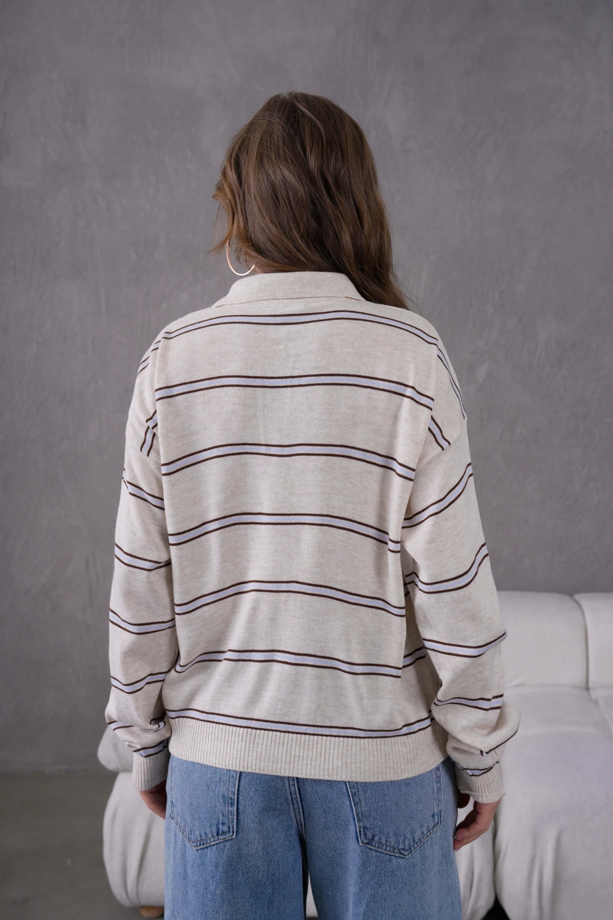 Kadın Polo Yaka Yarım Pat Düğme Kapama Çizgili Triko Kazak