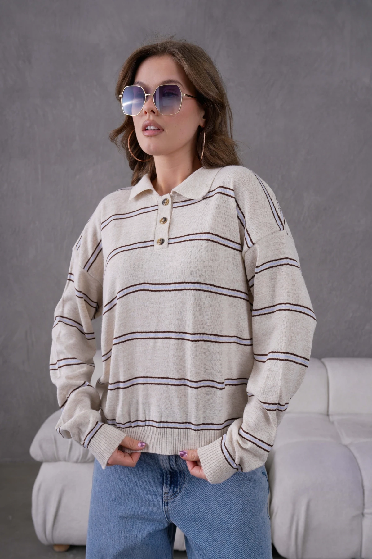Kadın Polo Yaka Yarım Pat Düğme Kapama Çizgili Triko Kazak