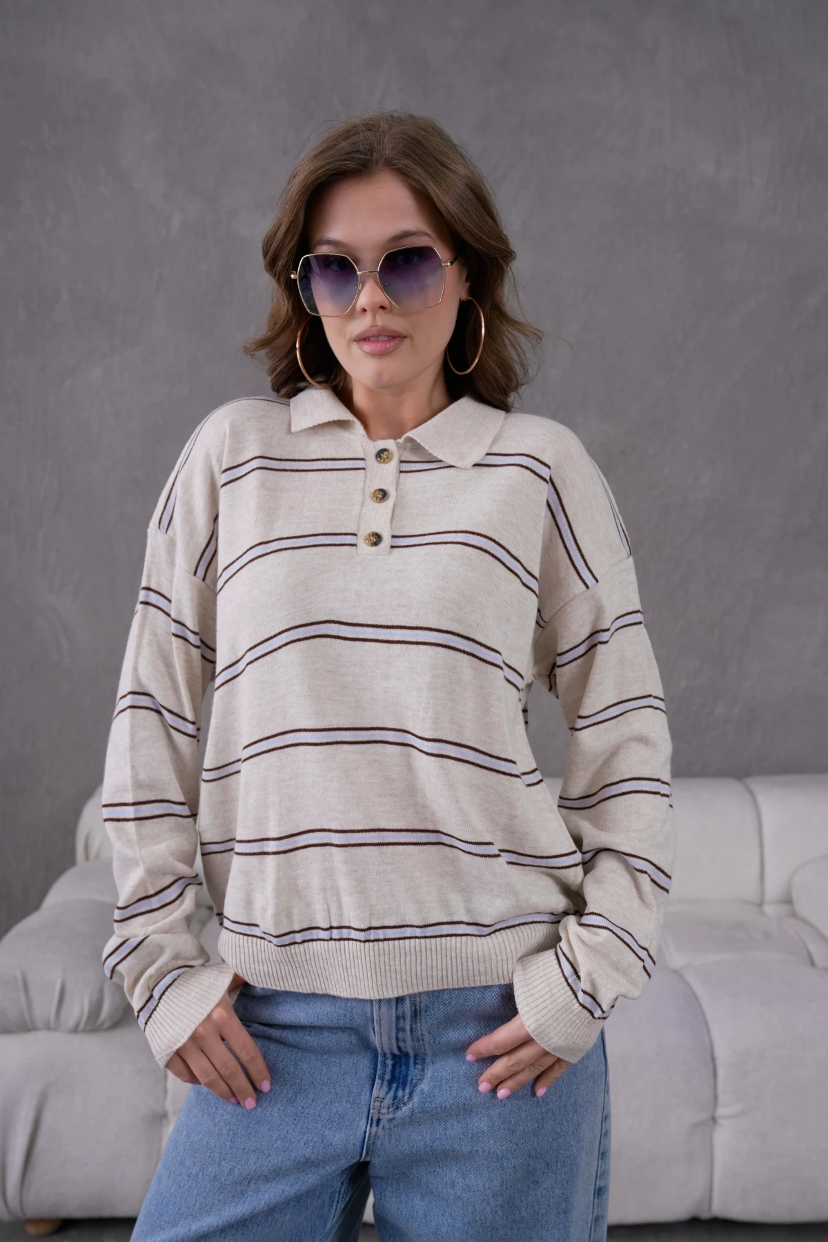 Kadın Polo Yaka Yarım Pat Düğme Kapama Çizgili Triko Kazak