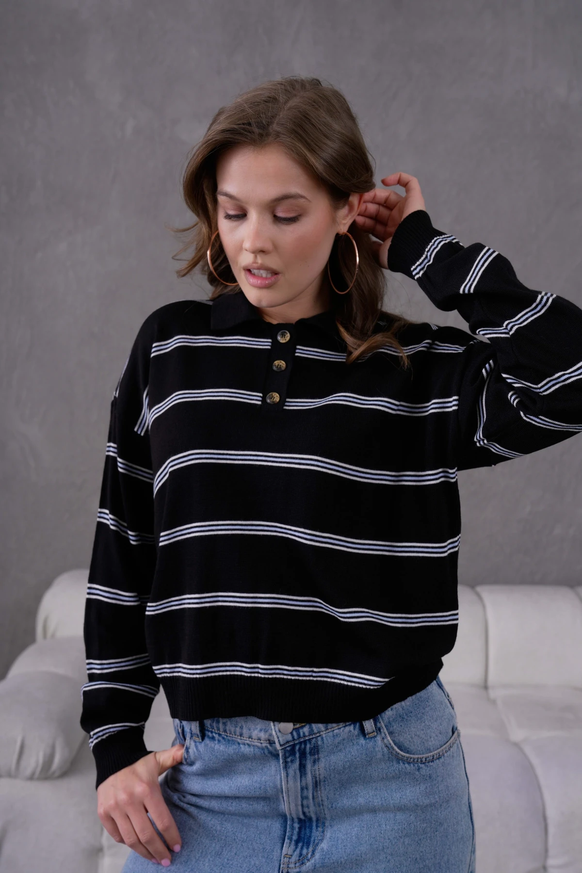 Kadın Polo Yaka Yarım Pat Düğme Kapama Çizgili Triko Kazak
