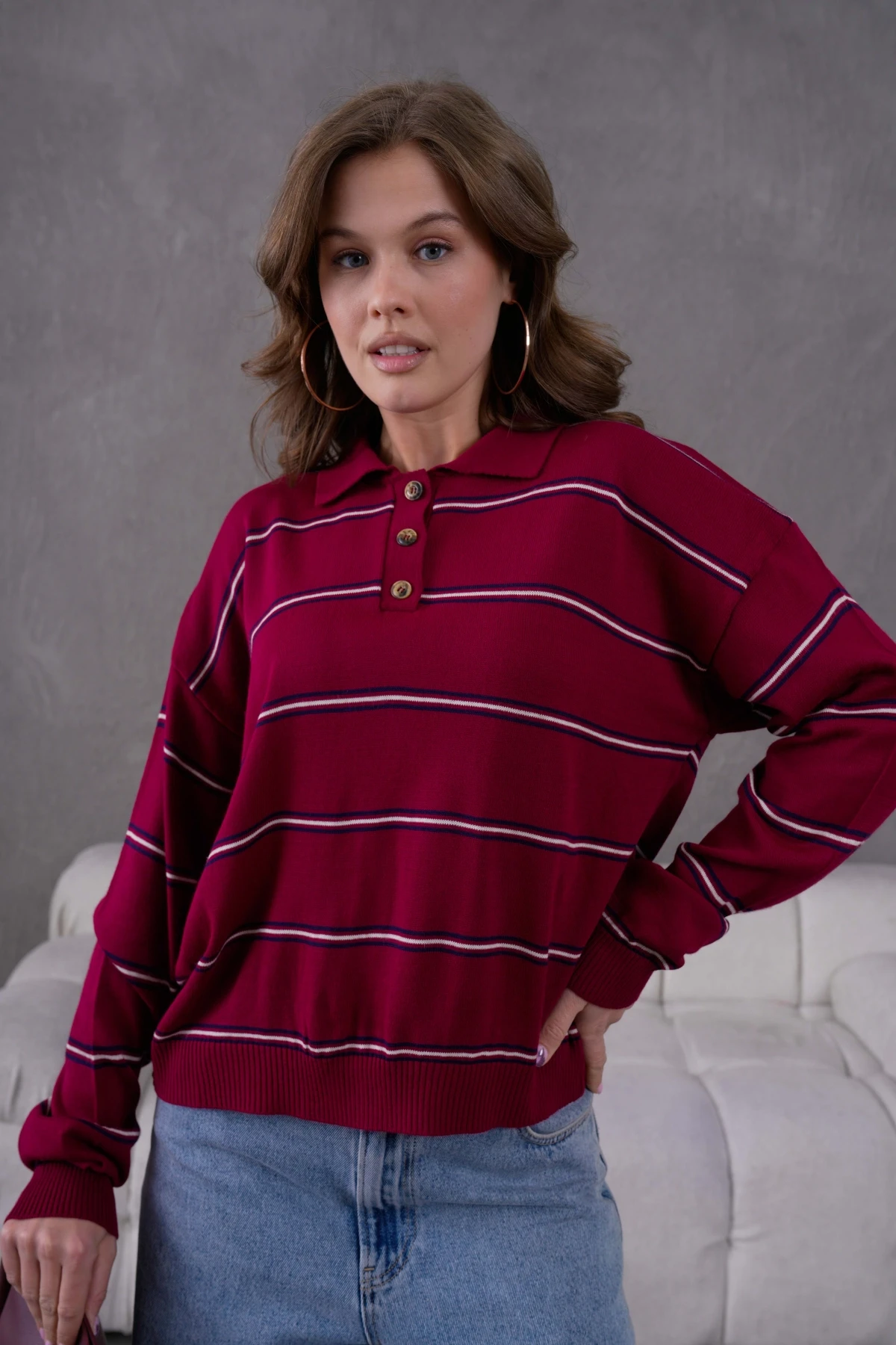 Kadın Polo Yaka Yarım Pat Düğme Kapama Çizgili Triko Kazak