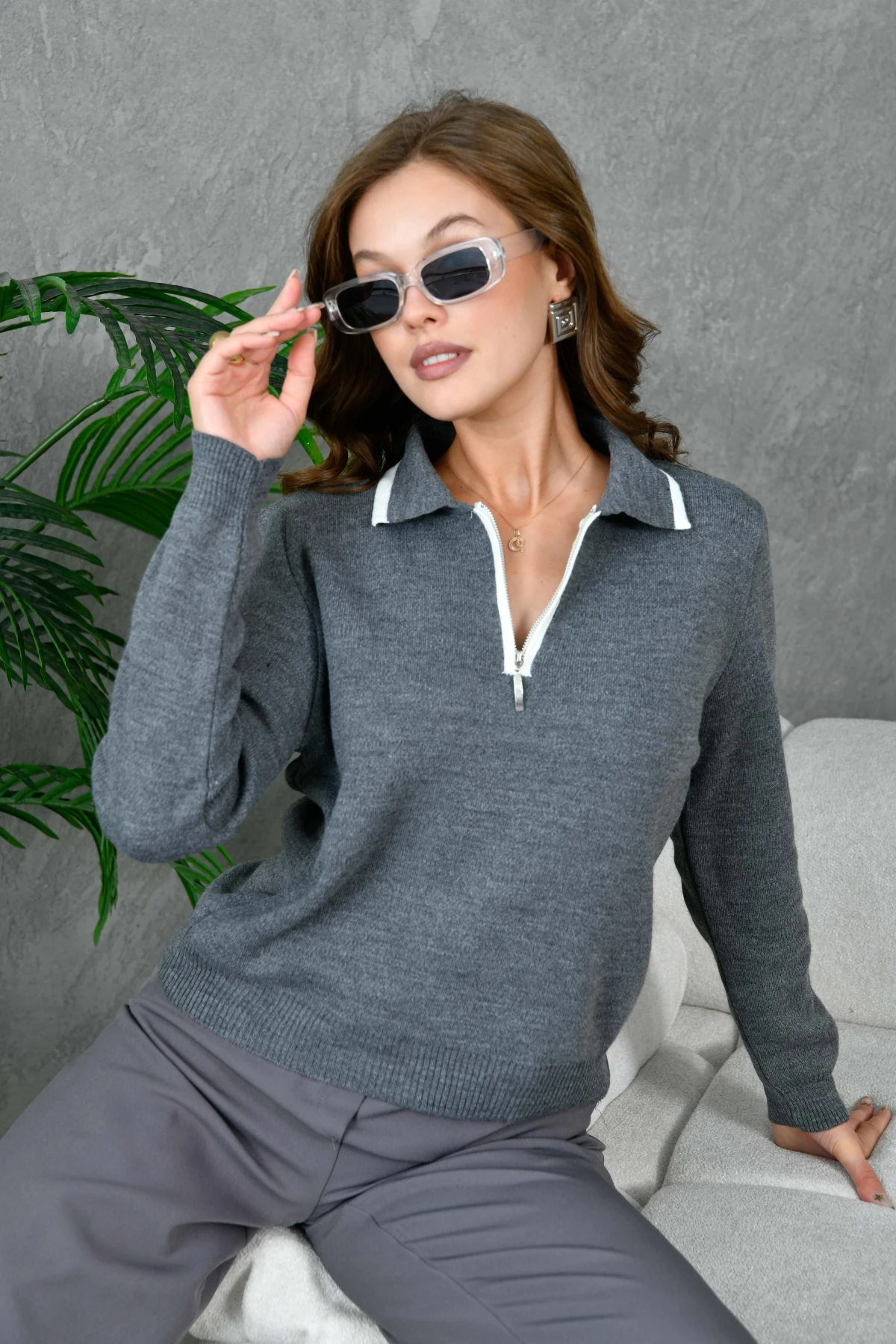 Kadın Polo Yaka Yarım Pat Fermuar Kapama Basic Triko Kazak