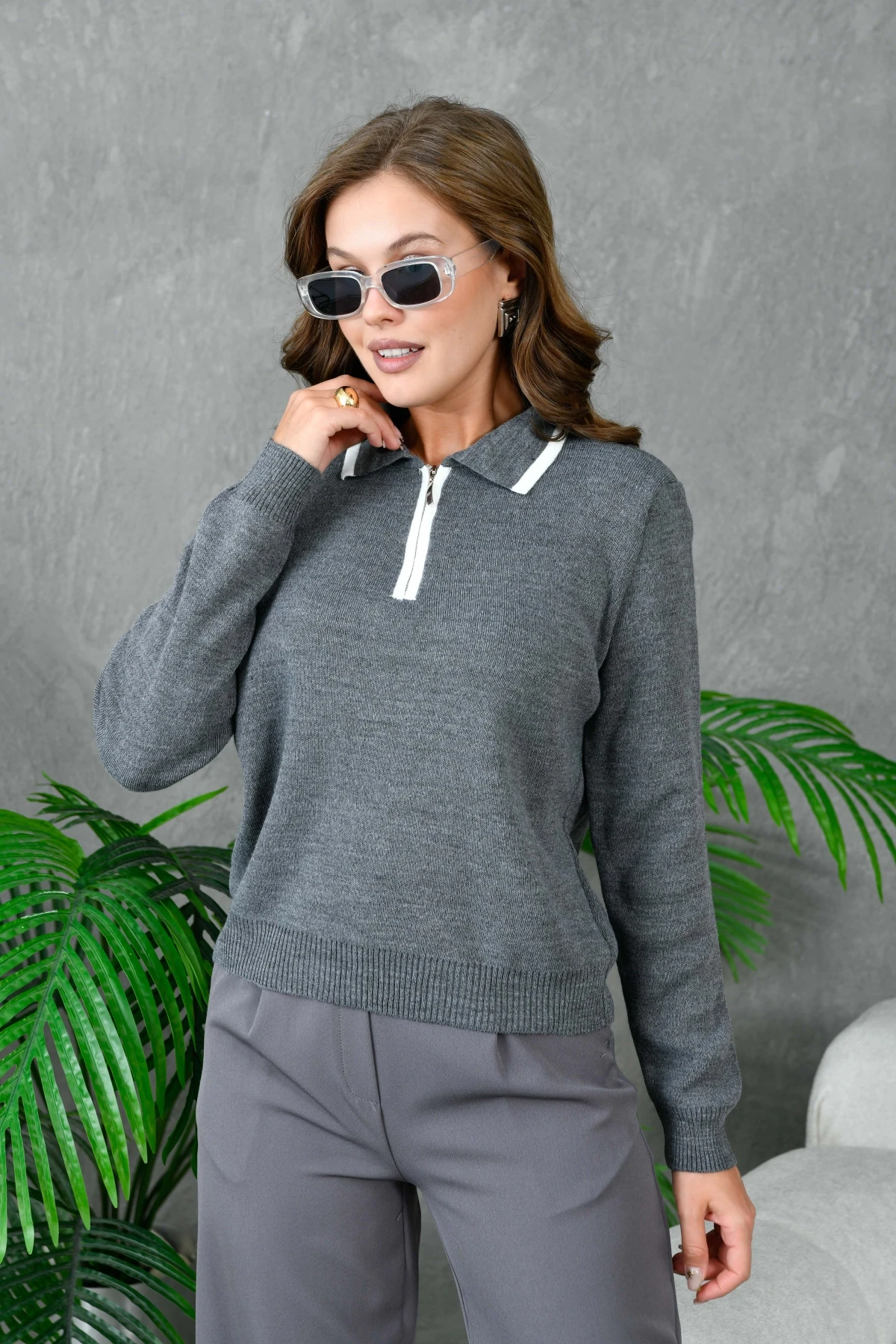 Kadın Polo Yaka Yarım Pat Fermuar Kapama Basic Triko Kazak