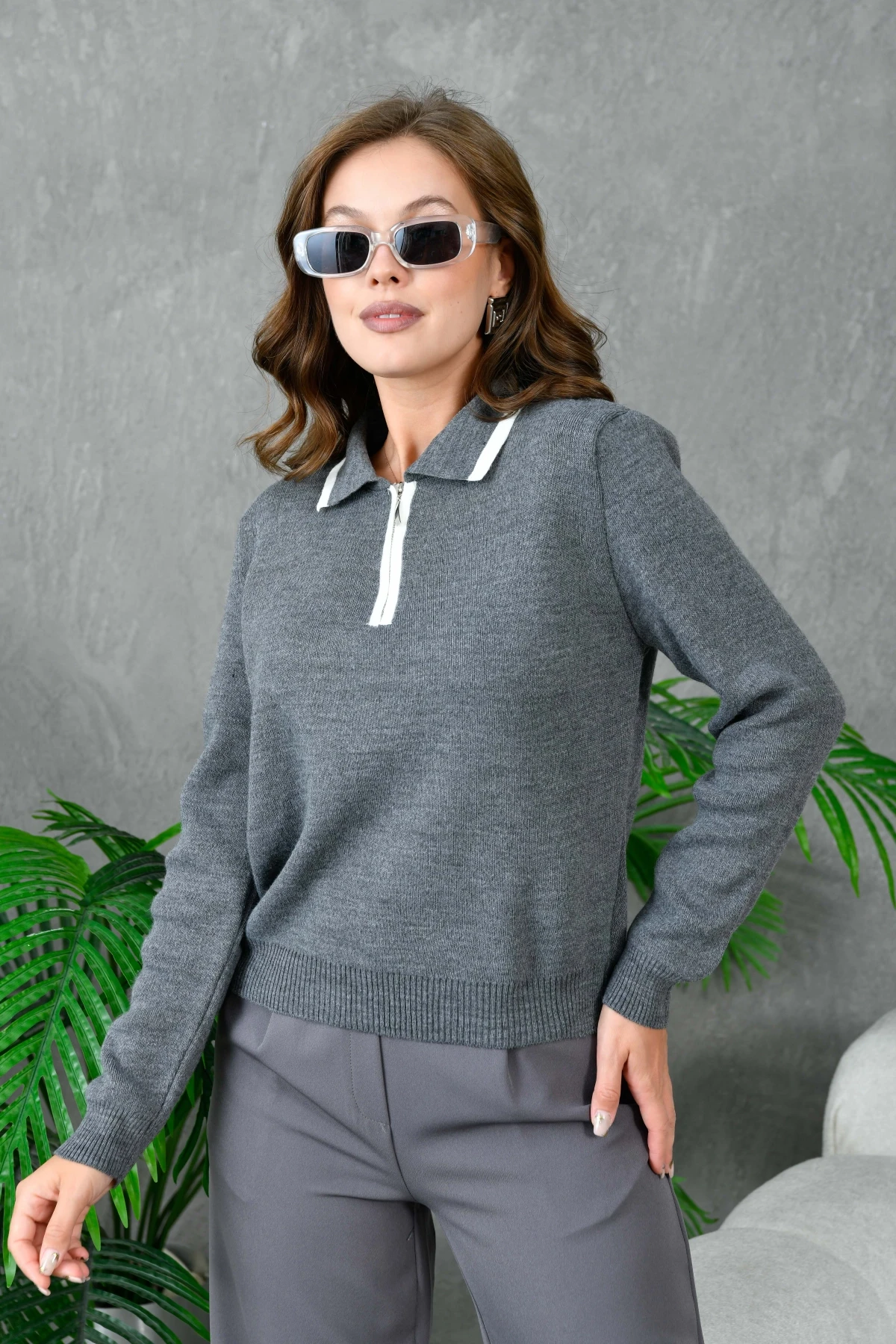 Kadın Polo Yaka Yarım Pat Fermuar Kapama Basic Triko Kazak