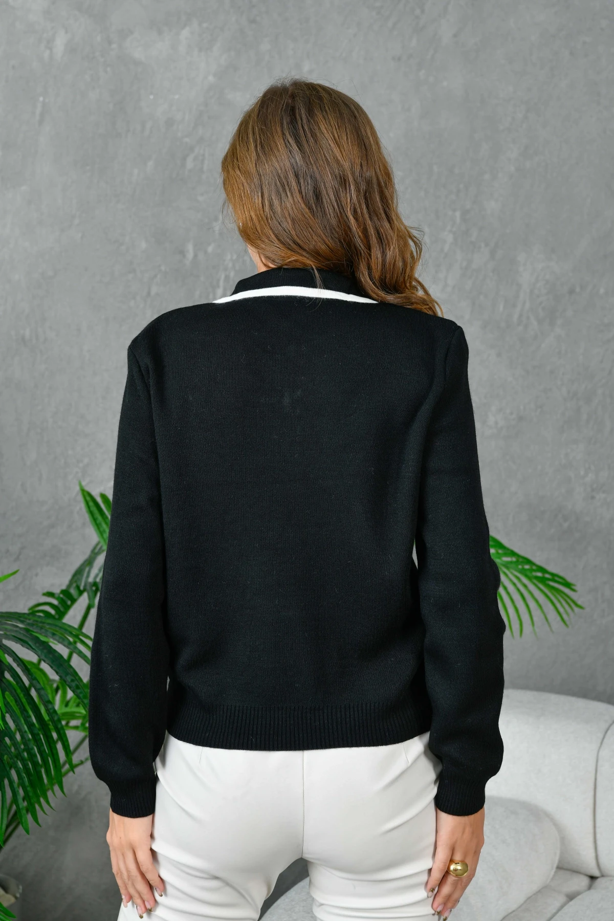 Kadın Polo Yaka Yarım Pat Fermuar Kapama Basic Triko Kazak