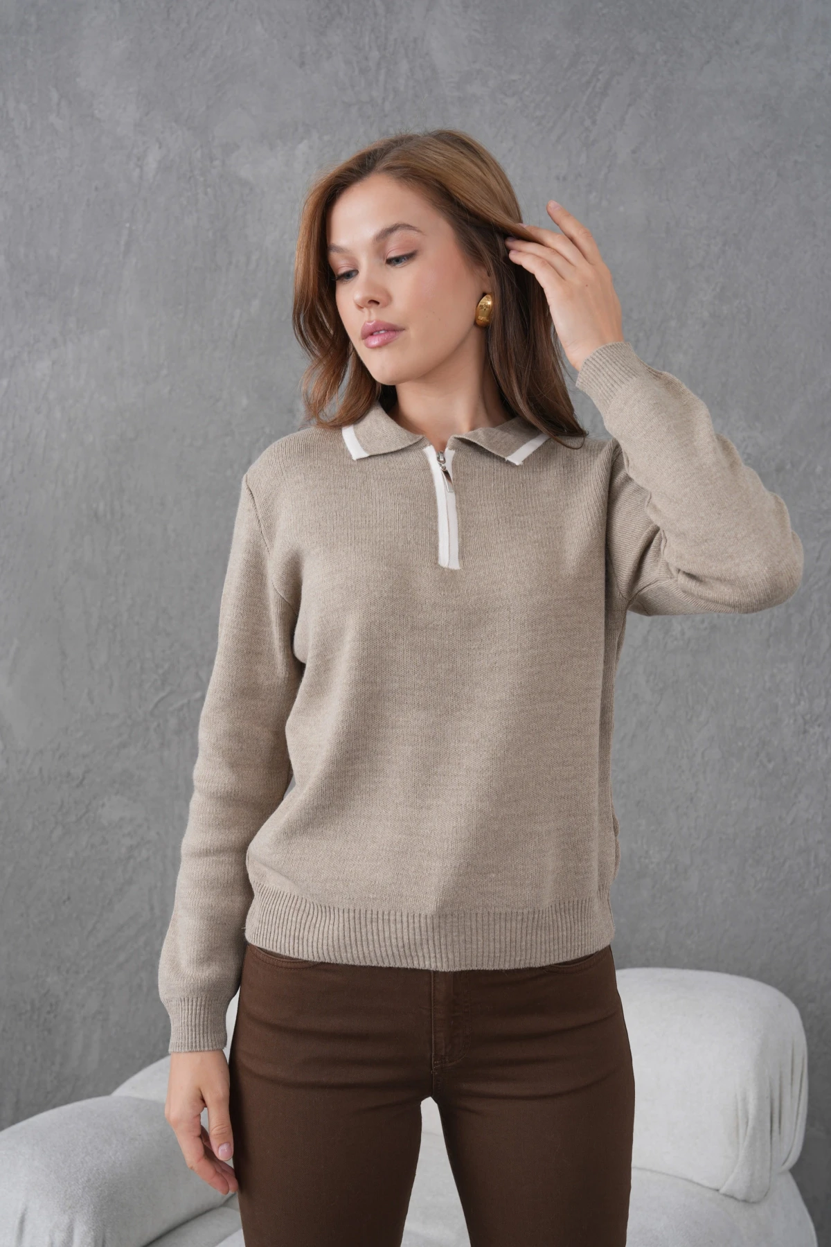 Kadın Polo Yaka Yarım Pat Fermuar Kapama Basic Triko Kazak