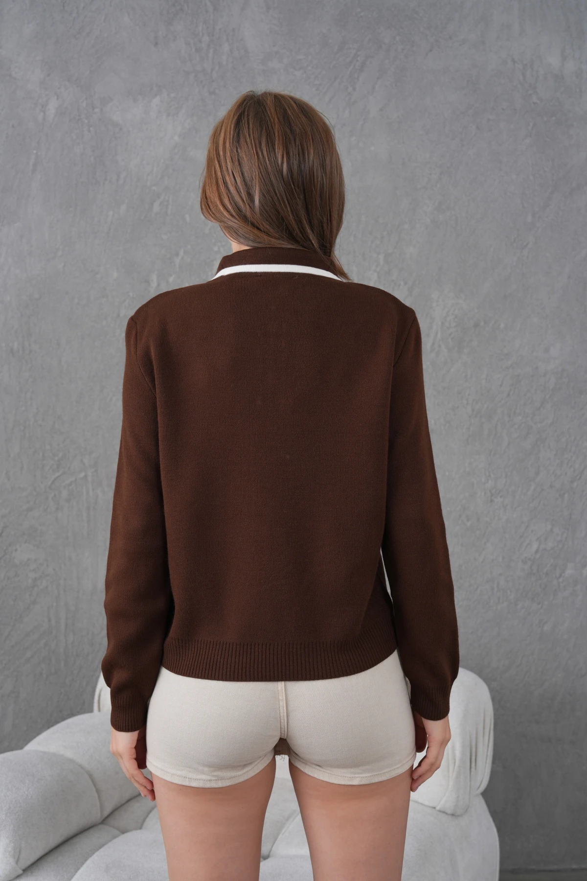 Kadın Polo Yaka Yarım Pat Fermuar Kapama Basic Triko Kazak