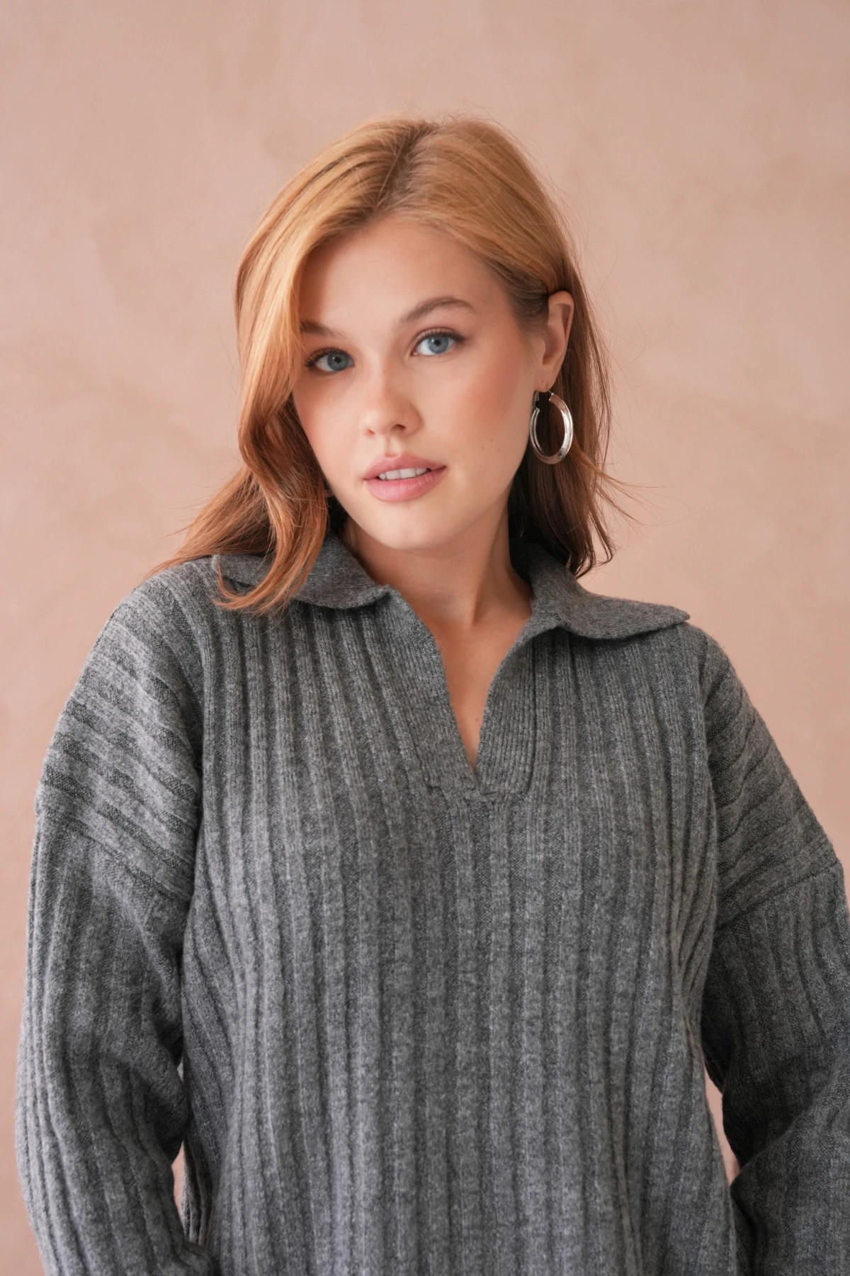 Kadın Polo Yaka Yarım Pat Kaşkorse Oversize Triko Kazak