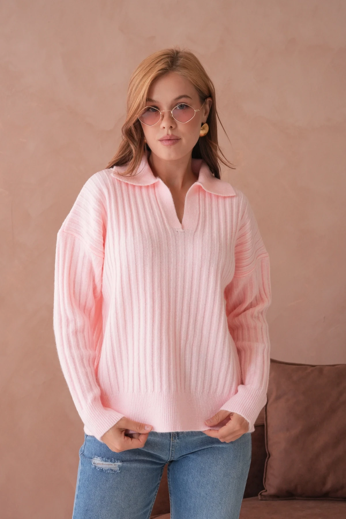 Kadın Polo Yaka Yarım Pat Kaşkorse Oversize Triko Kazak