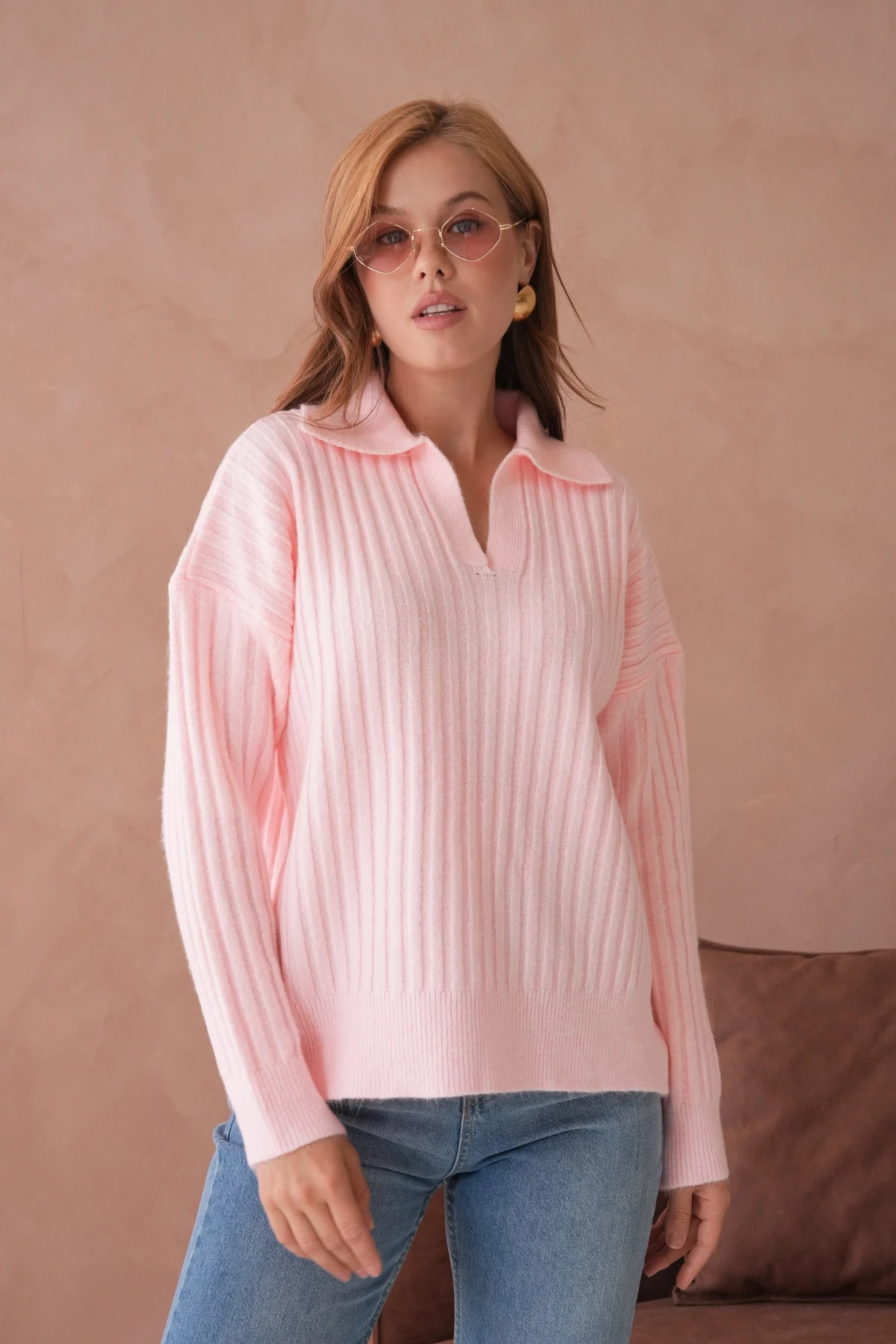 Kadın Polo Yaka Yarım Pat Kaşkorse Oversize Triko Kazak