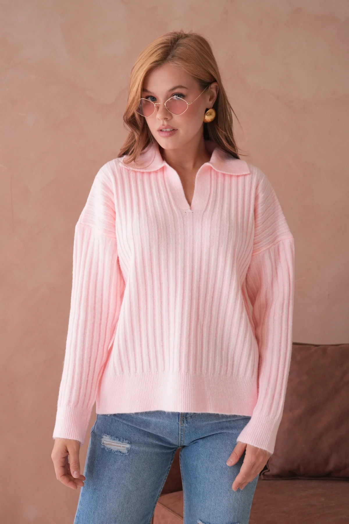 Kadın Polo Yaka Yarım Pat Kaşkorse Oversize Triko Kazak