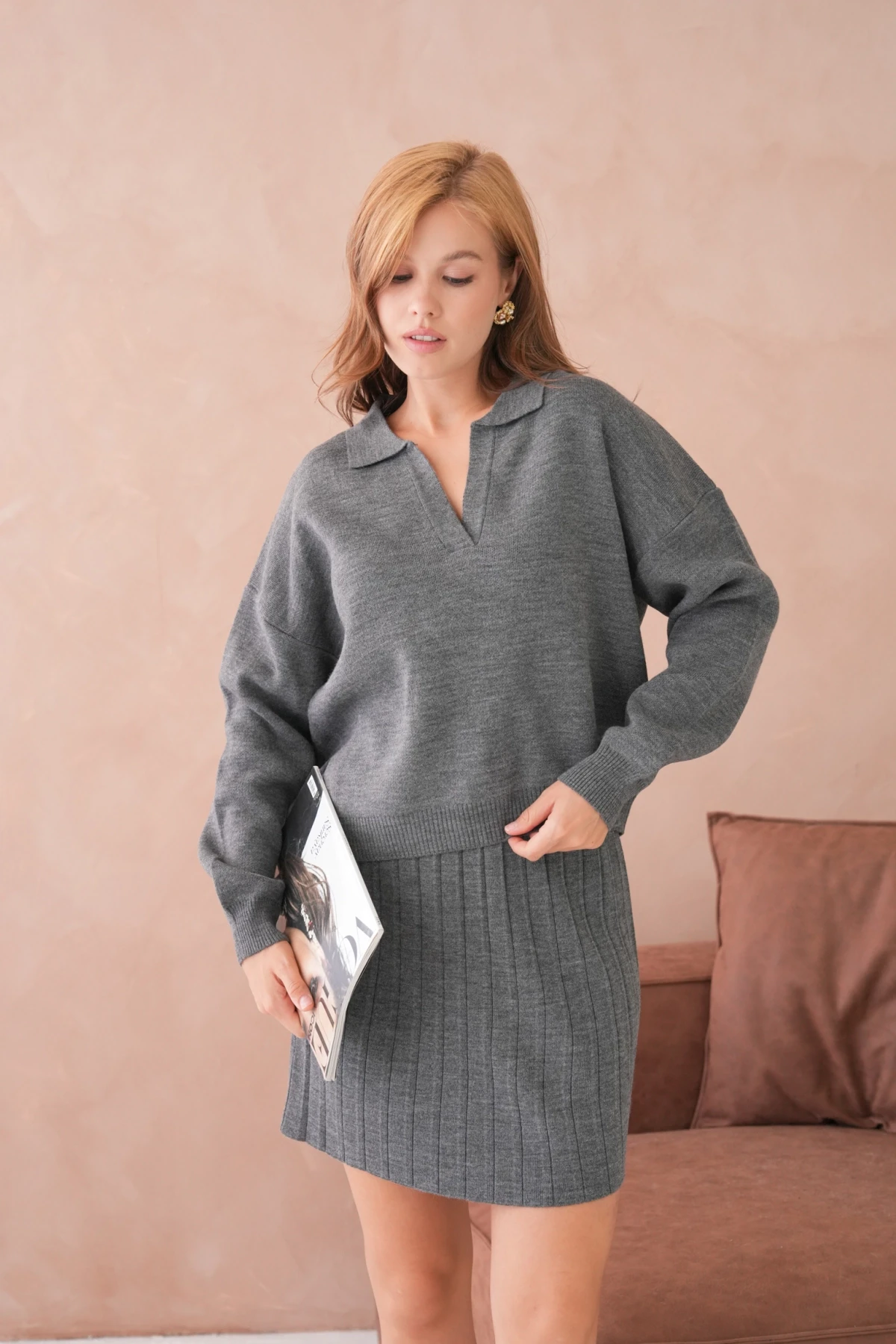 Kadın Polo Yaka Yarım Pat Kazak Etek İkili Triko Takım