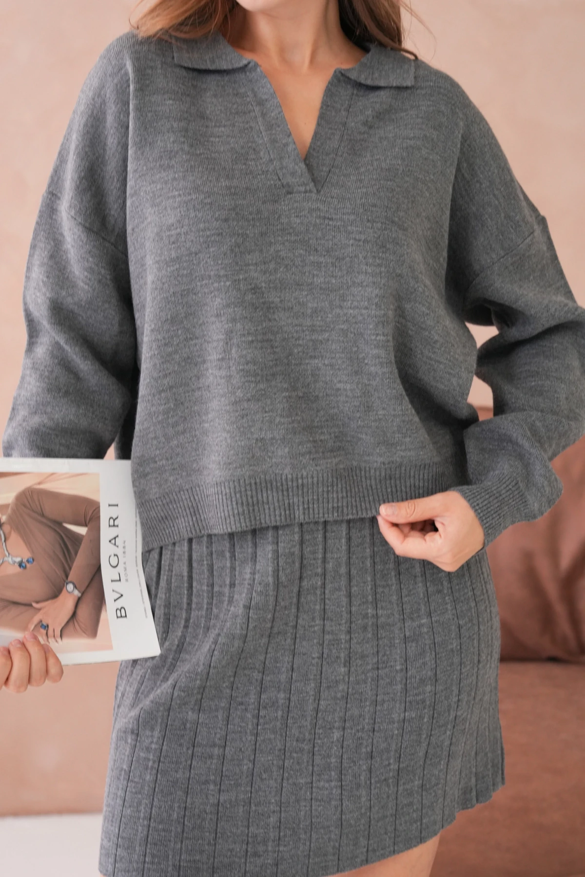 Kadın Polo Yaka Yarım Pat Kazak Etek İkili Triko Takım