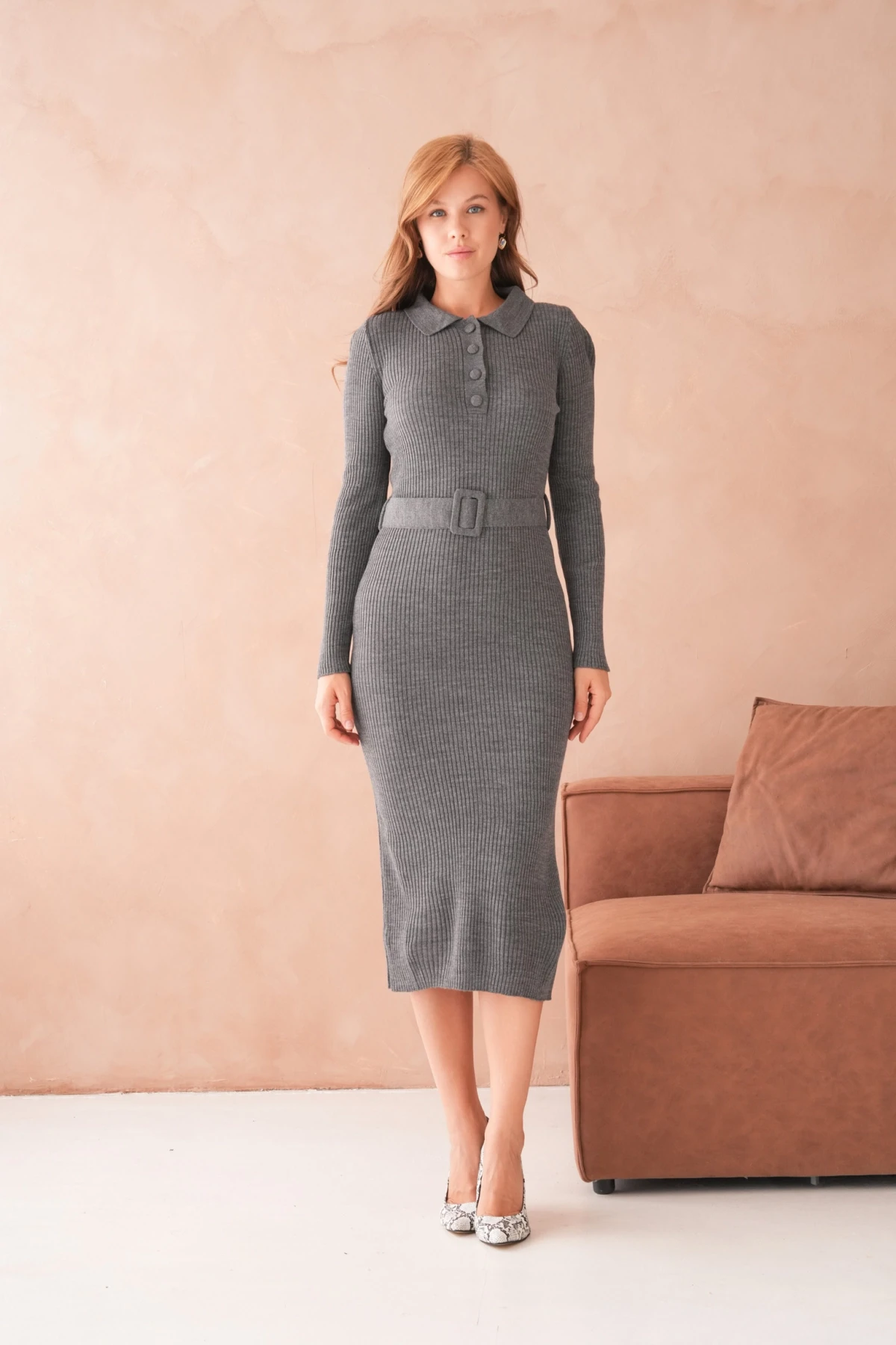 Kadın Polo Yaka Yarım Pat Kumaş Düğme Detay Kemerli Kaşkorse Triko Elbise