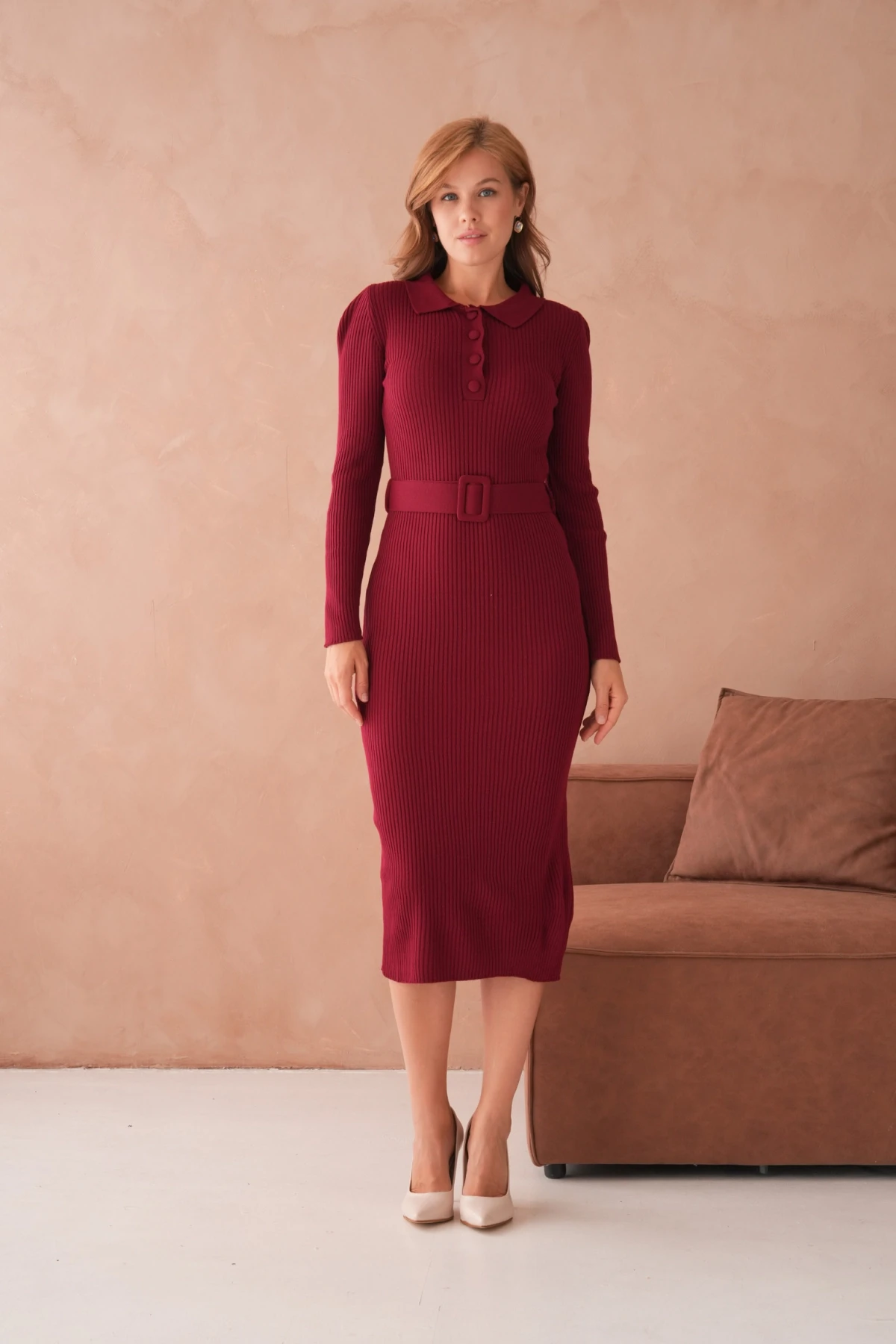 Kadın Polo Yaka Yarım Pat Kumaş Düğme Detay Kemerli Kaşkorse Triko Elbise