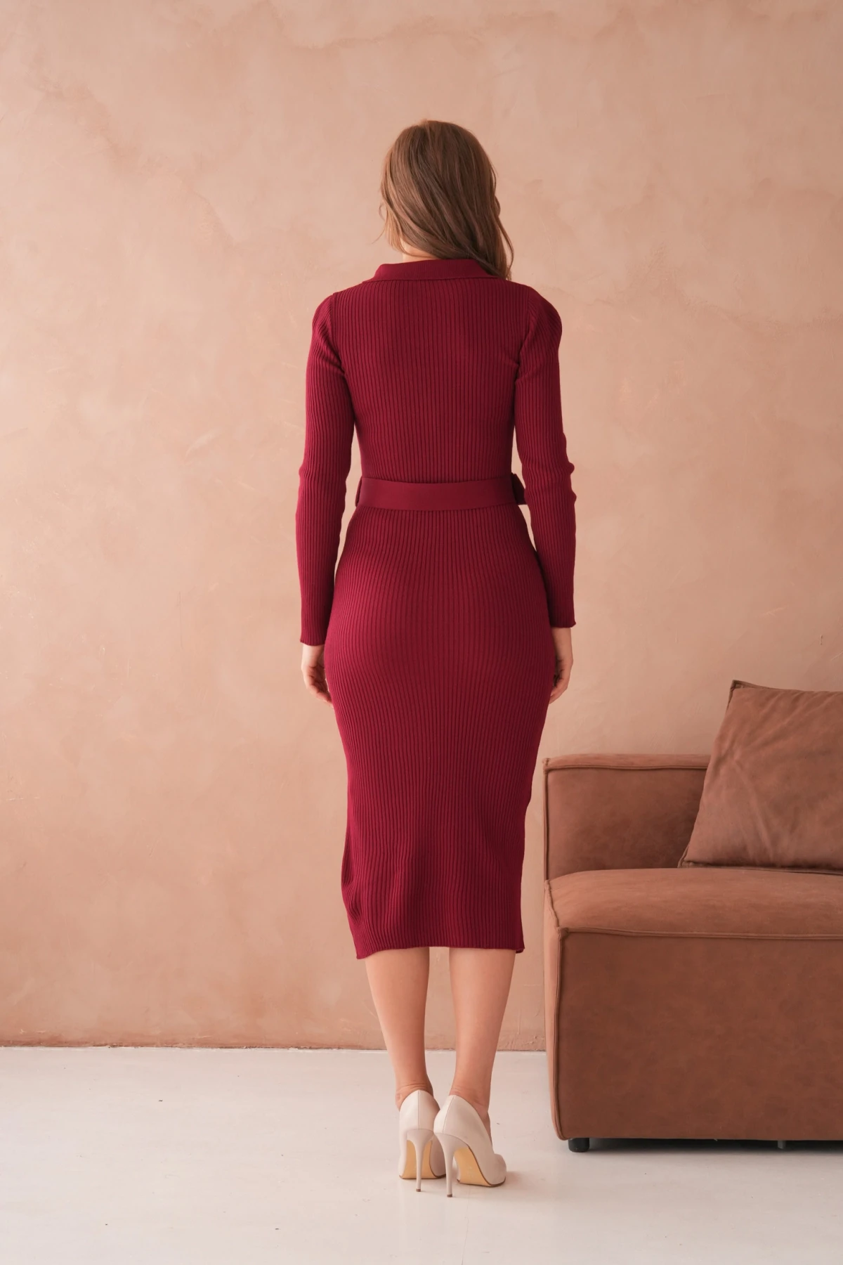 Kadın Polo Yaka Yarım Pat Kumaş Düğme Detay Kemerli Kaşkorse Triko Elbise