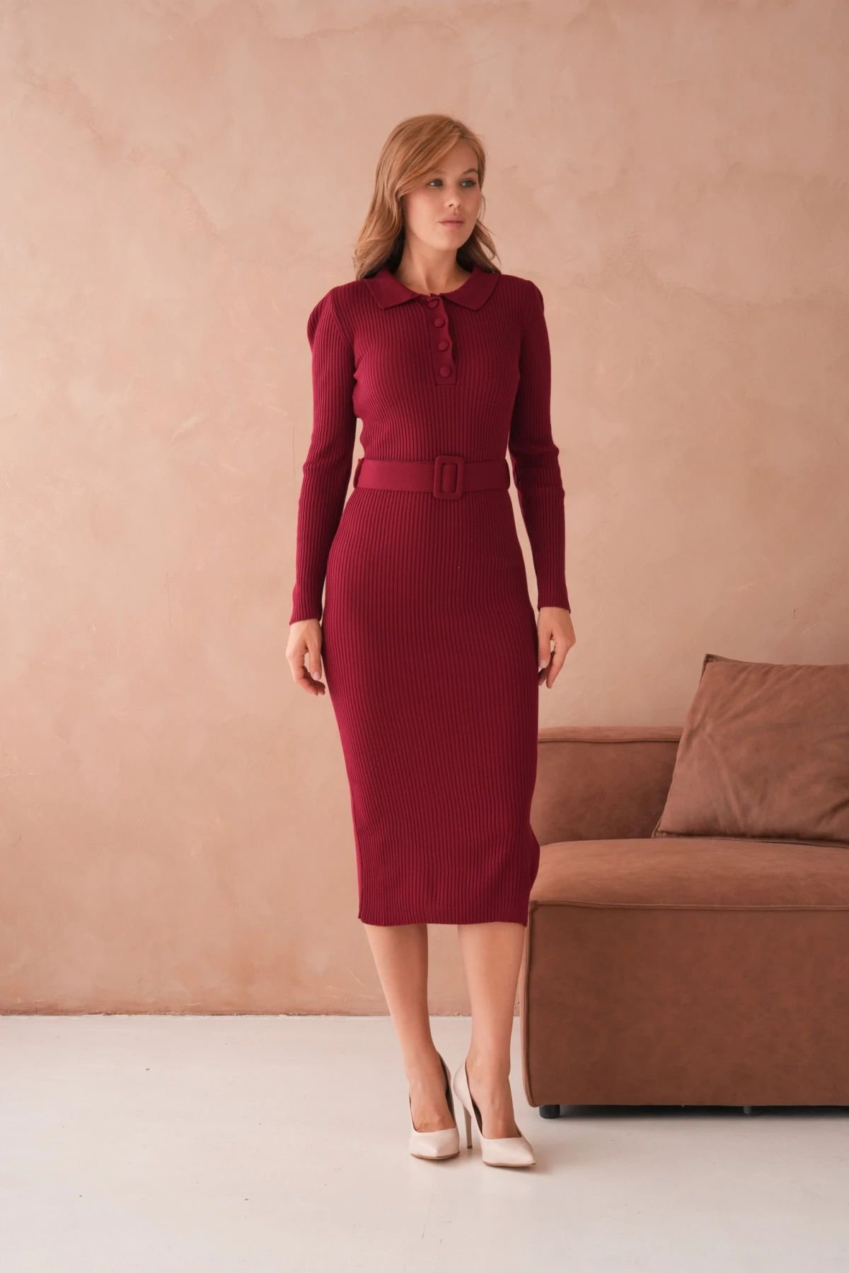 Kadın Polo Yaka Yarım Pat Kumaş Düğme Detay Kemerli Kaşkorse Triko Elbise