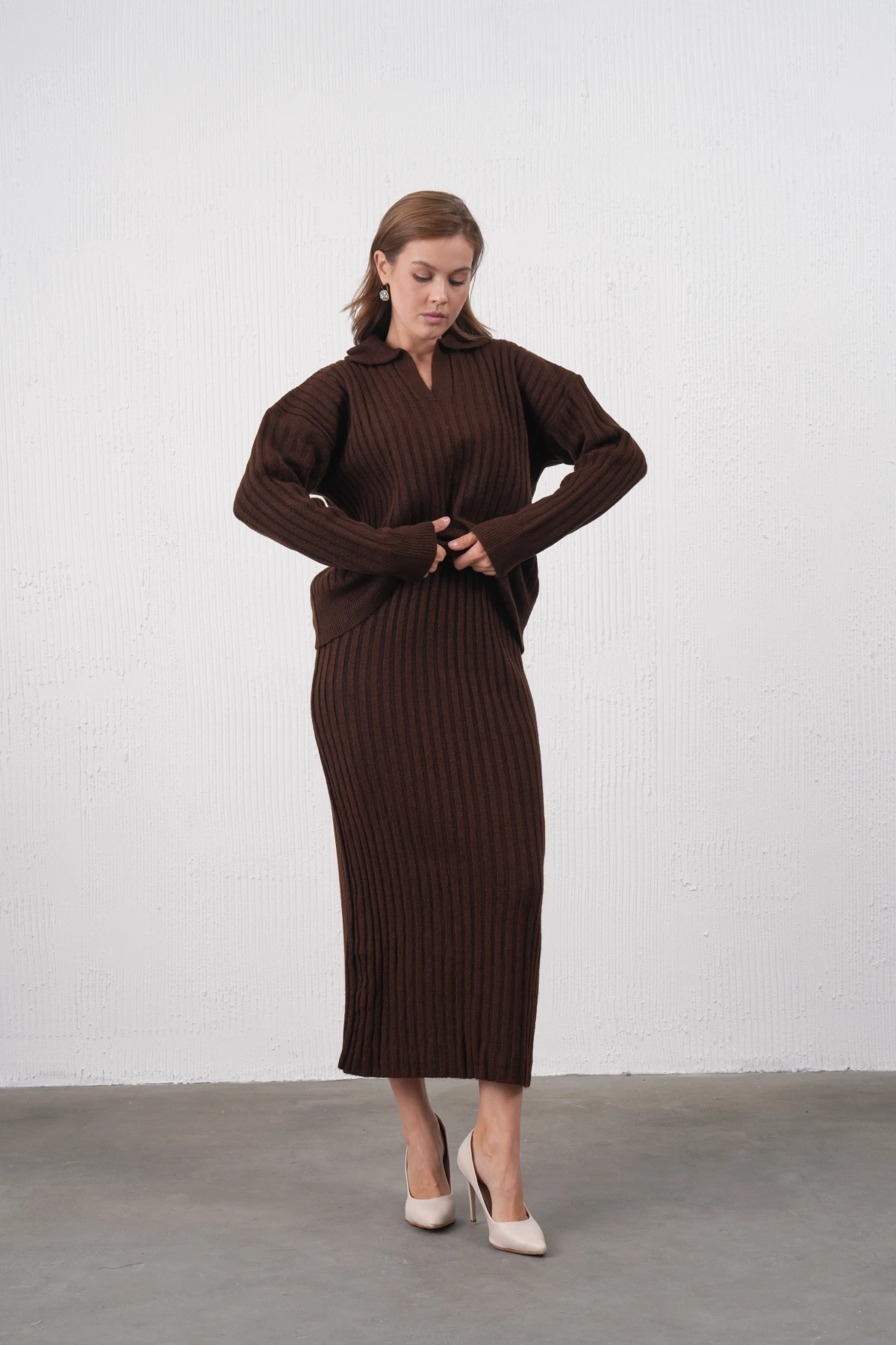 Kadın Polo Yaka Yarım Pat Örgü Detay Kazak Etek İkili Triko Takım